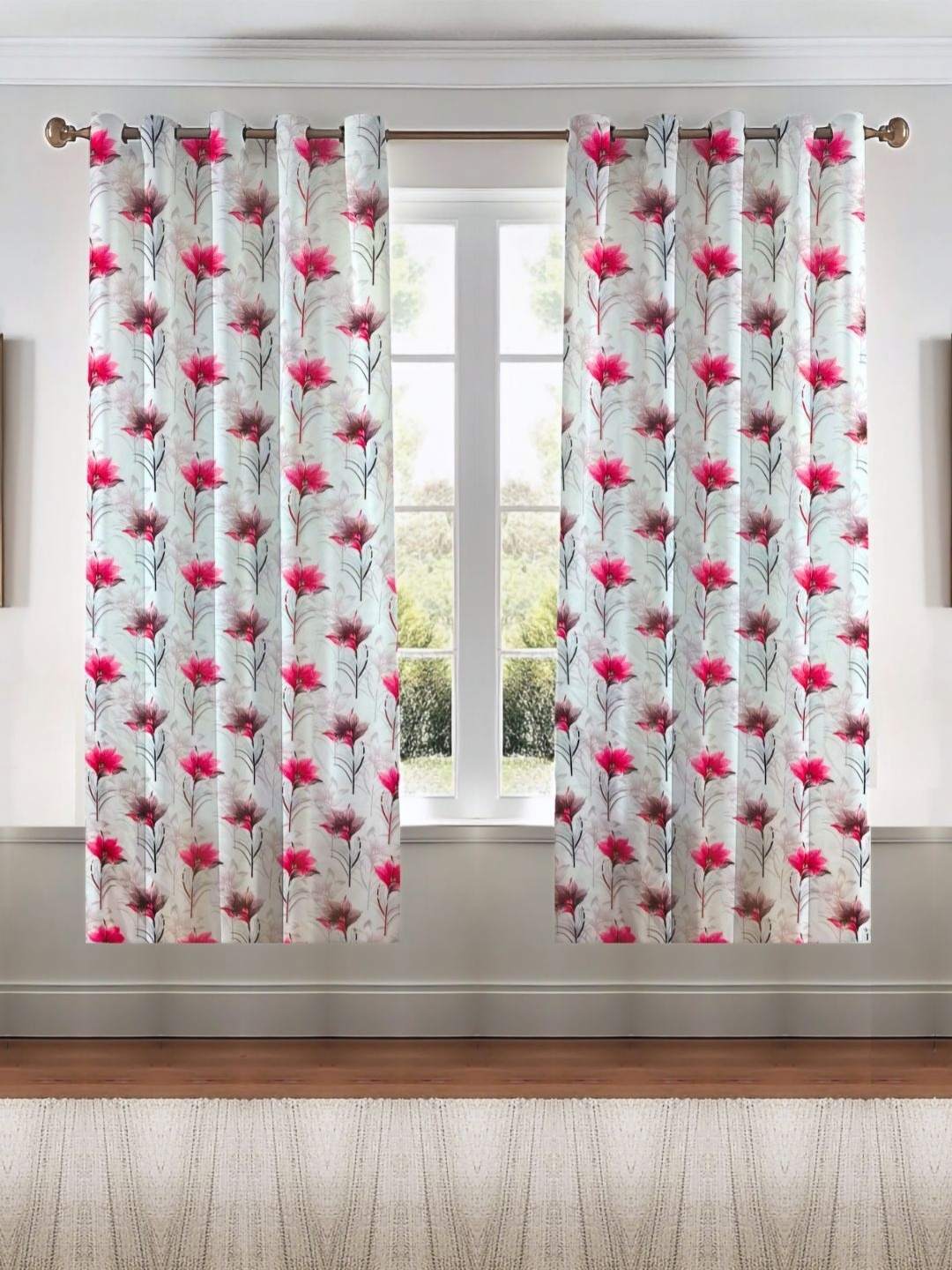 

Kanodia Poly Fab Pack Of 2 Pink & White Floral Printed Window Curtains