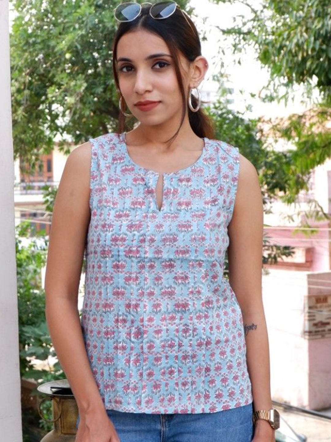 

GOODHAND Floral Print Block Print Cotton Top, Blue