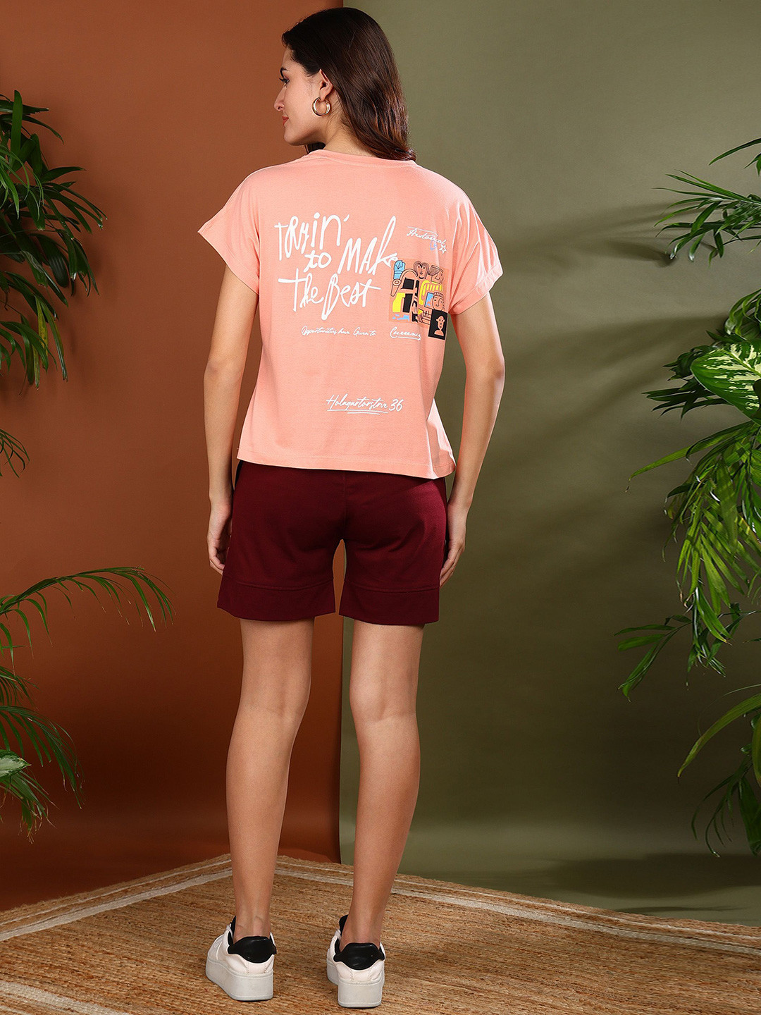 

KALINI Printed Pure Cotton Round Neck T-Shirt With Shorts Co-Ords, Peach