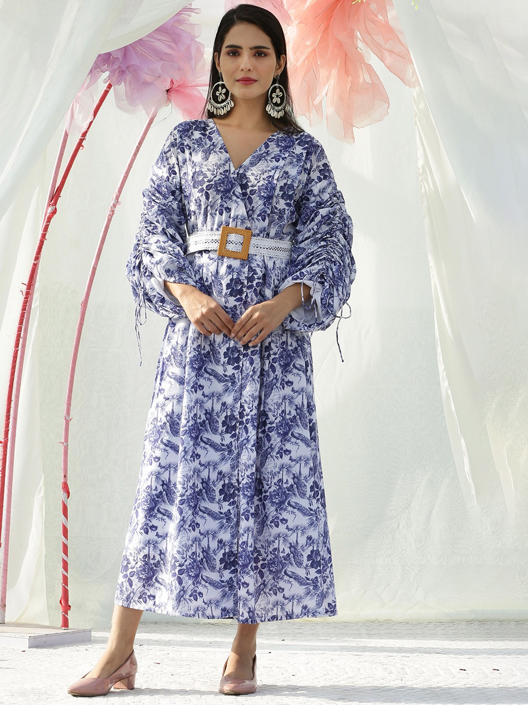 

SEW Peacock Floral Printed Cotton Midi Dress, White