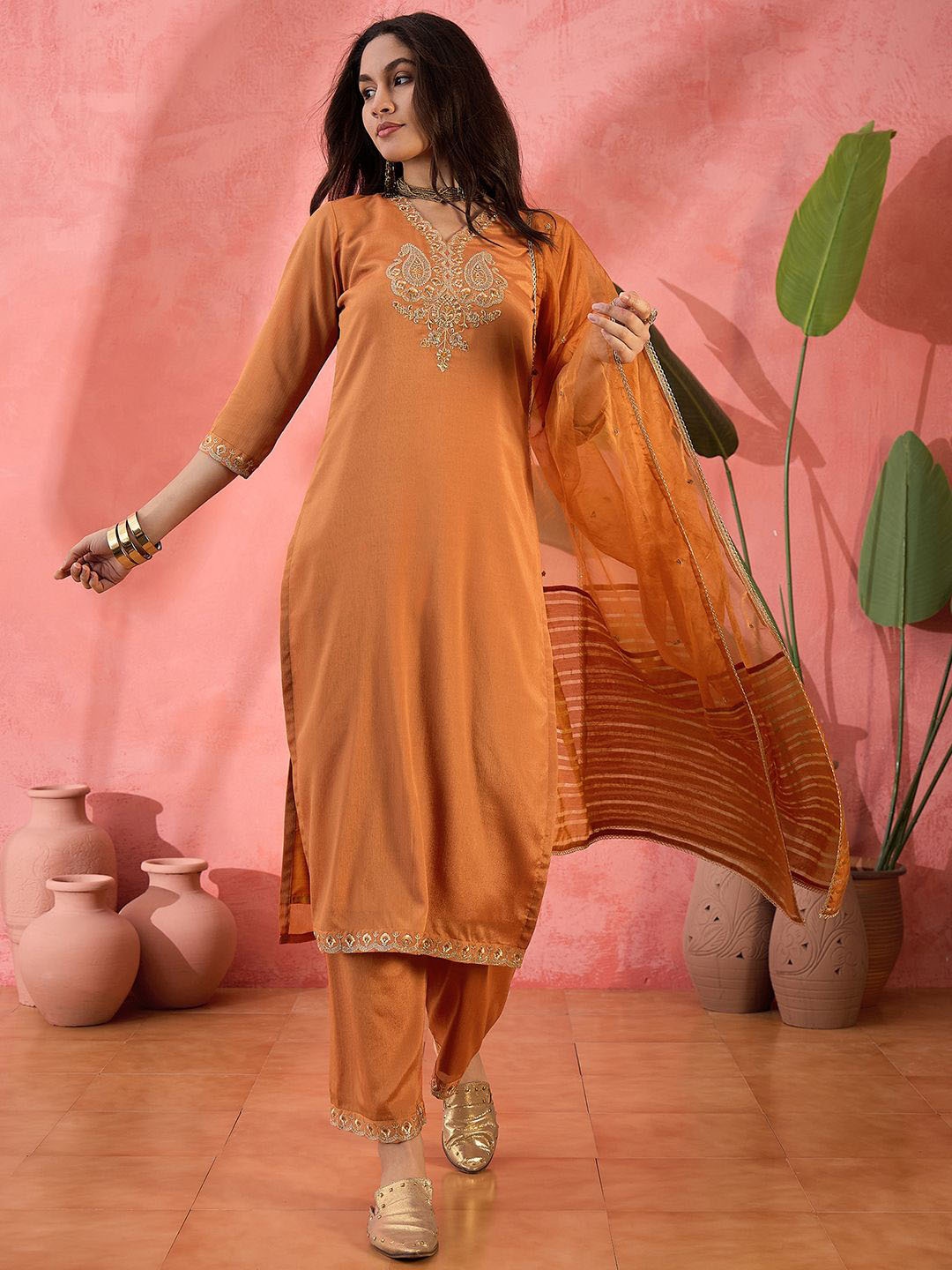 

Sangria Zari Sequence Embroidered Kurta Trouser With Dupatta, Orange