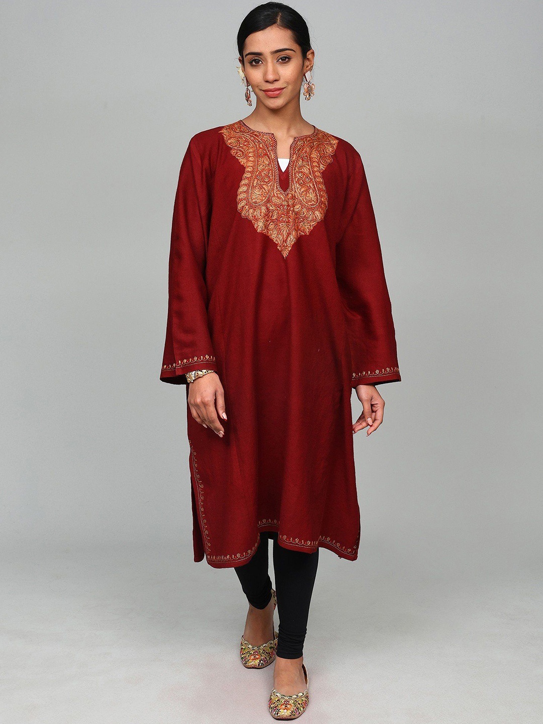 

Exotic India Women Paisley Embroidered Keyhole Neck Flared Sleeves Floral Woollen Kaftan Kurta, Red