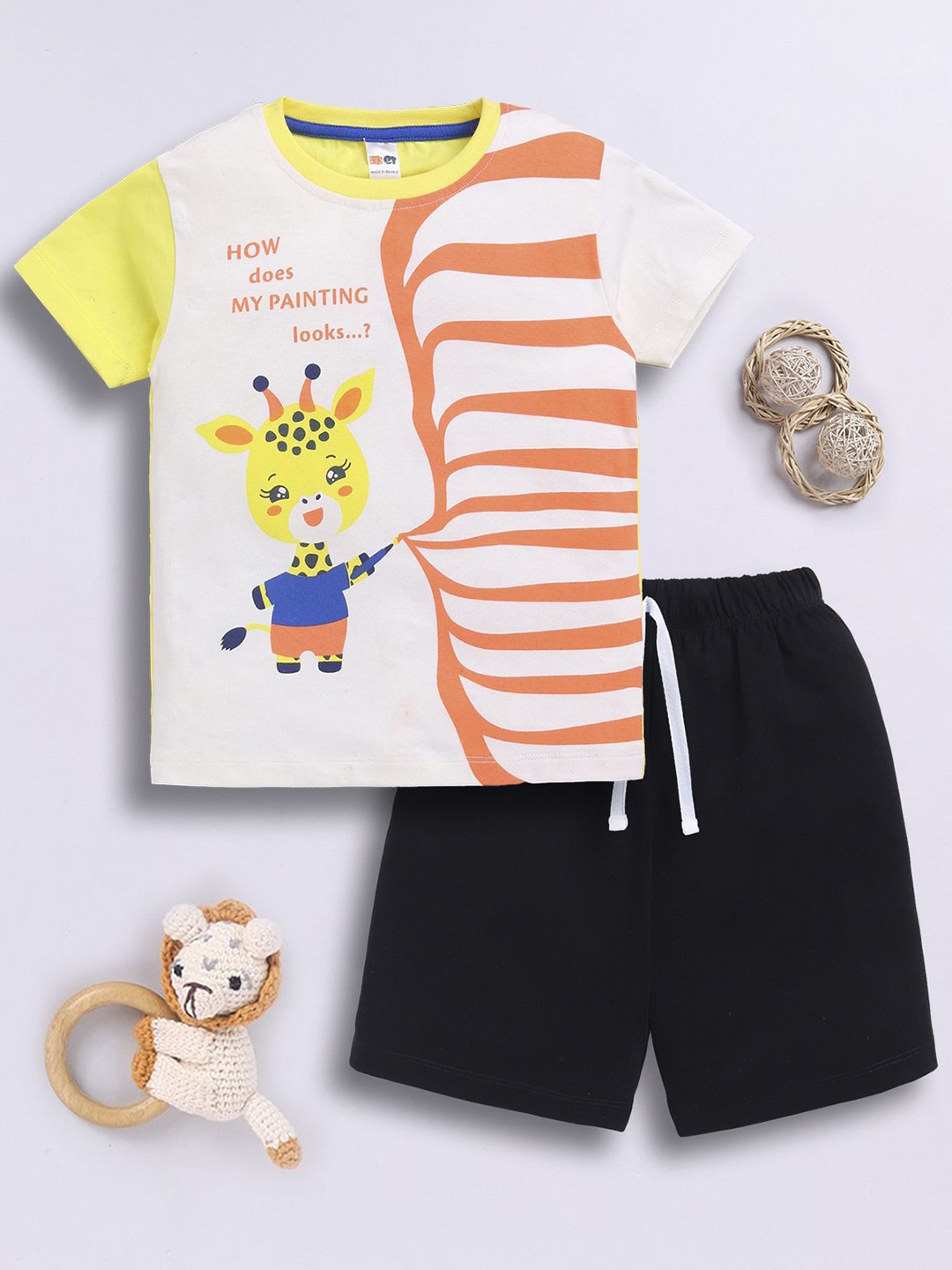 

LITTLE NINJA Boys Printed Round Neck Pure Cotton Top With Shorts, Yellow