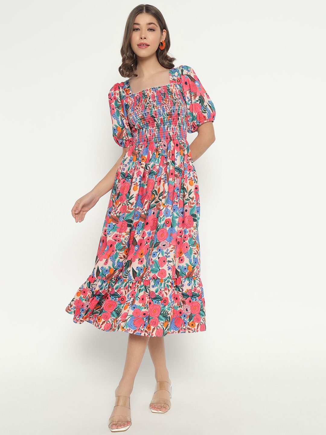 

Raiyani Fashion Floral Print Applique Crepe Fit & Flare Midi Dress, Blue