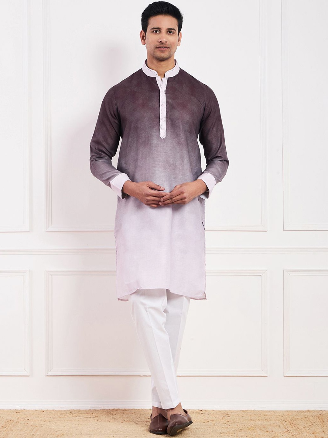 

Satwaa Dyed Ombre Technique Mandarin Collar Cotton Straight Kurta, Purple