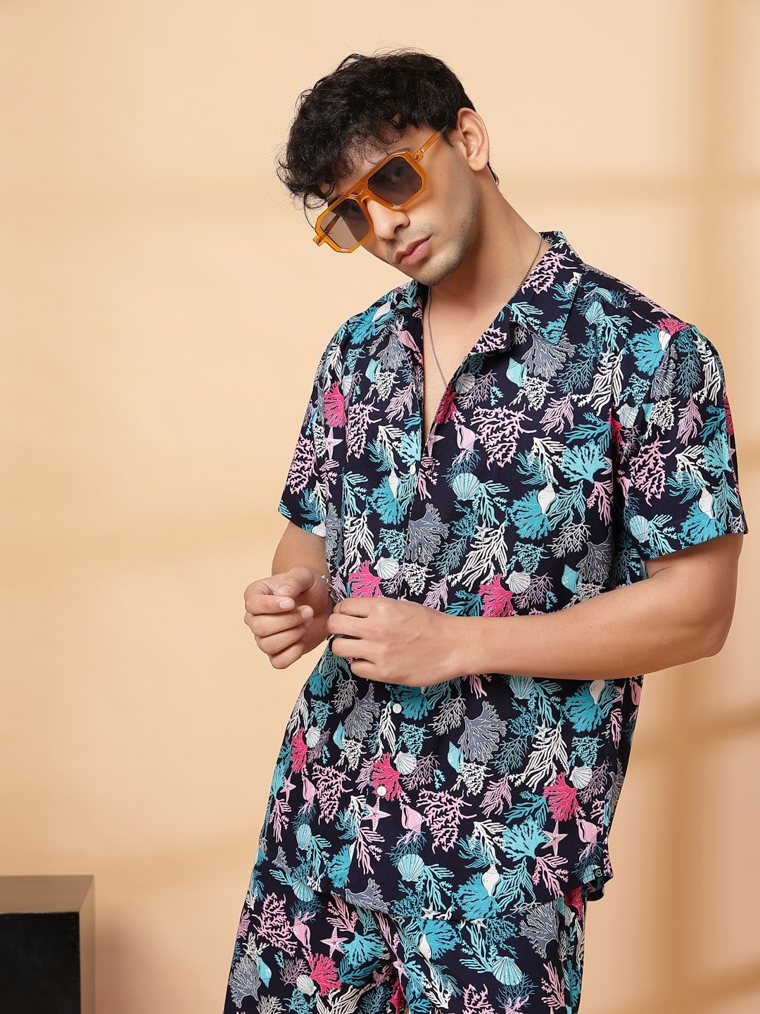 

Rigo Costal Printed Shirt With Shorts Co-Ords Set, Navy blue