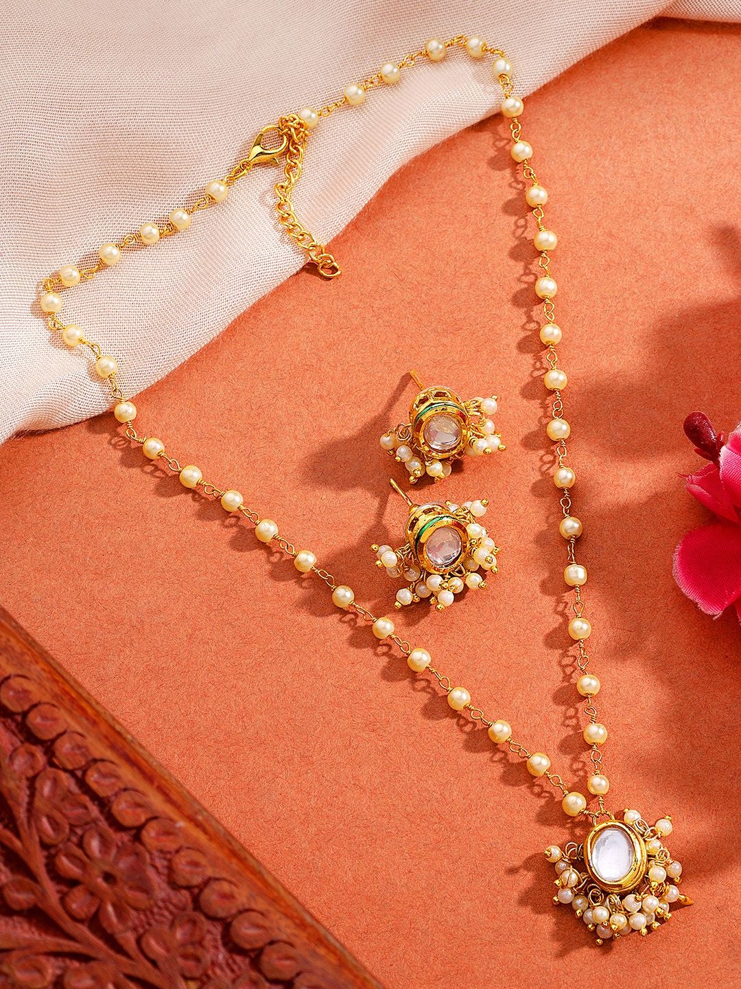 

AARSEE OFFICIAL Anti-Tarnish 22KT Gold-Plated Oval Kundan Pearl Chain Necklace Set