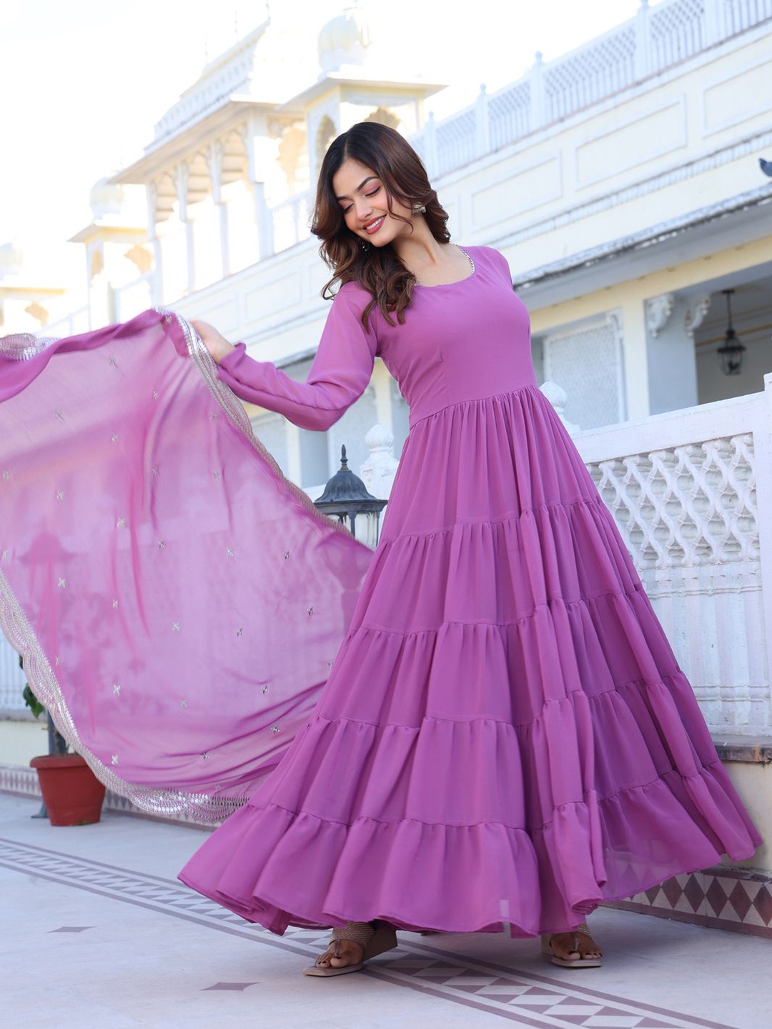 

Fashion Basket Flared Tiered Maxi Ethnic Dress With Dupatta, Purple