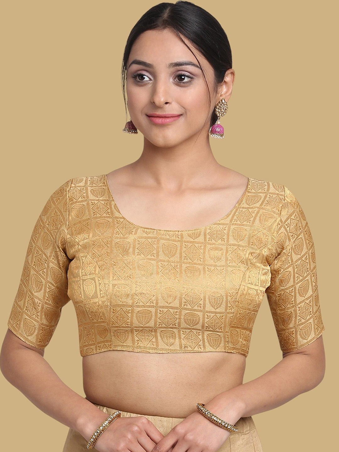 

Oomph! Woven Design Boat Neck Saree Blouse, Gold