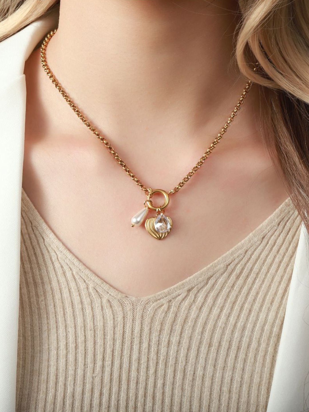 

SALTY Stainless Steel Beaded Heart Shaped Necklace, Gold