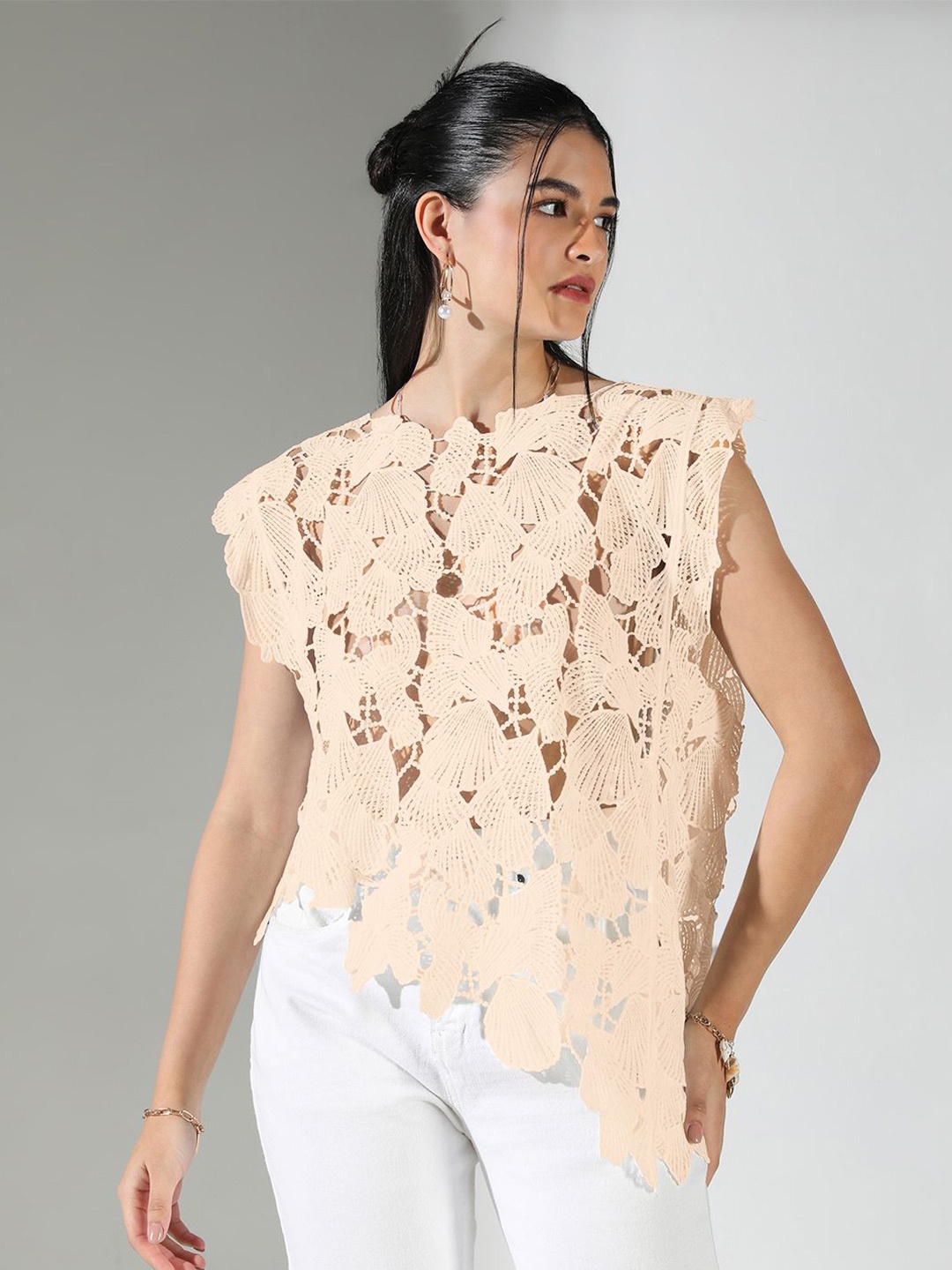 

SHOWOFF Floral Cotton Crochet Top, Cream