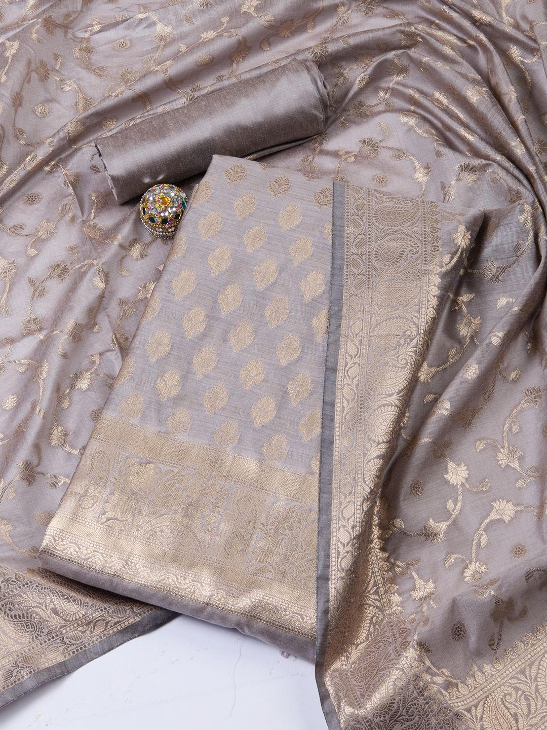 

Meena Bazaar Art Silk Unstitched Dress Material, Grey