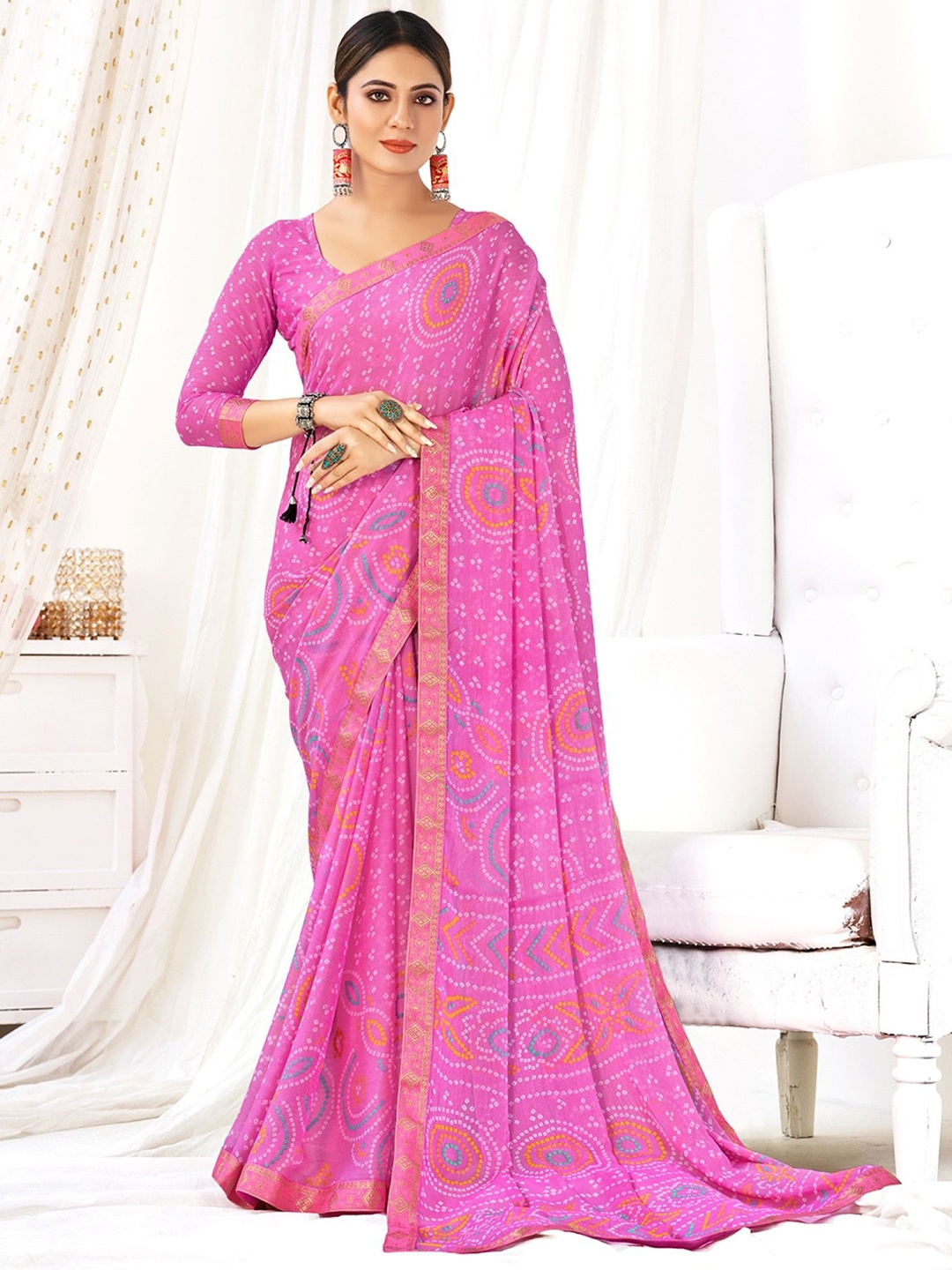 

LeeliPeeri Designer Bandhani Poly Chiffon Saree, Pink