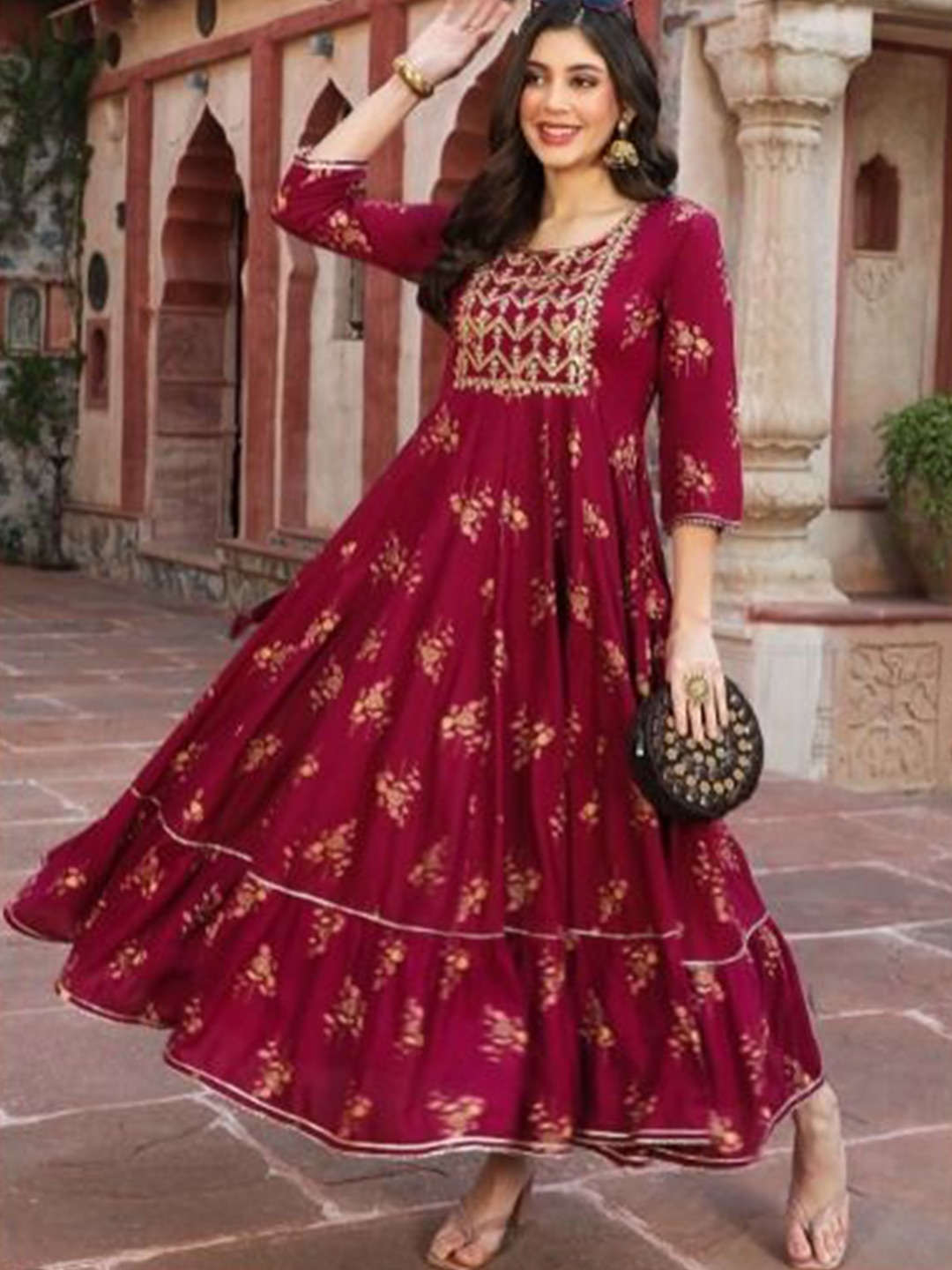 

Parth Fab Floral Print Fit & Flare Maxi Dress, Maroon
