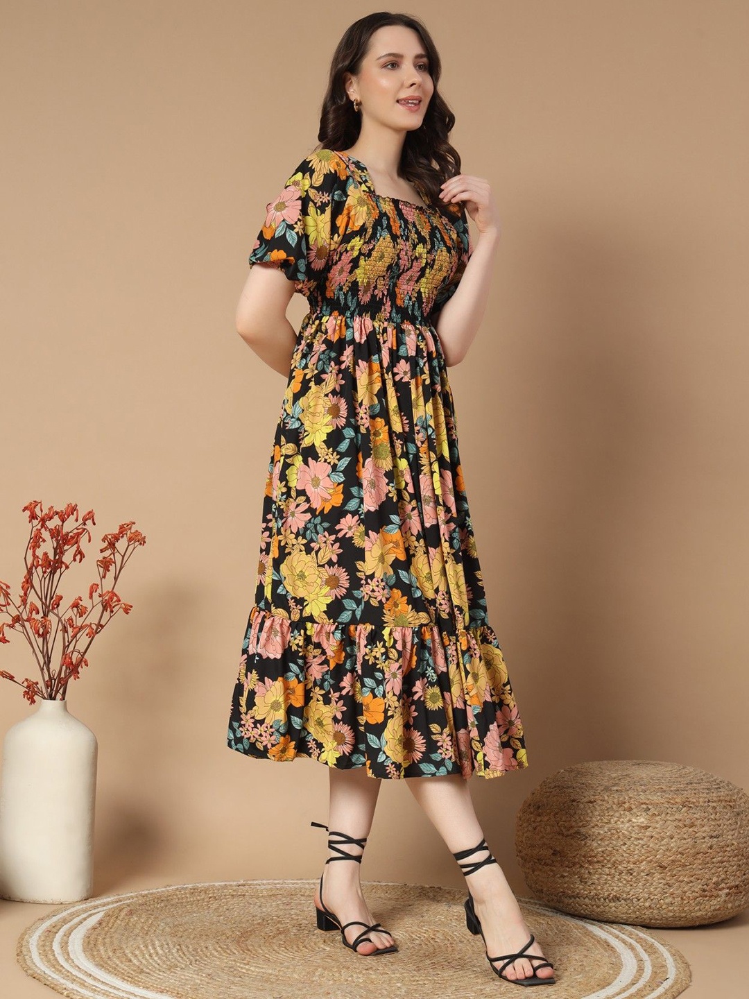 

Raiyani Fashion Print Puff Sleeve Crepe Fit & Flare Dress, Yellow