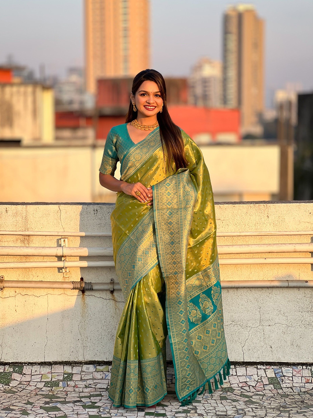 

Rangtulika Ethnics Motifs Woven Design Zari Saree, Green