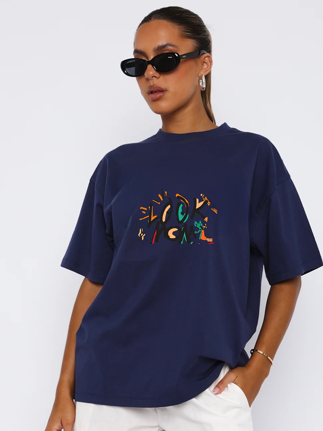 

RAYACLOSET Women Typography Printed T-shirt, Navy blue