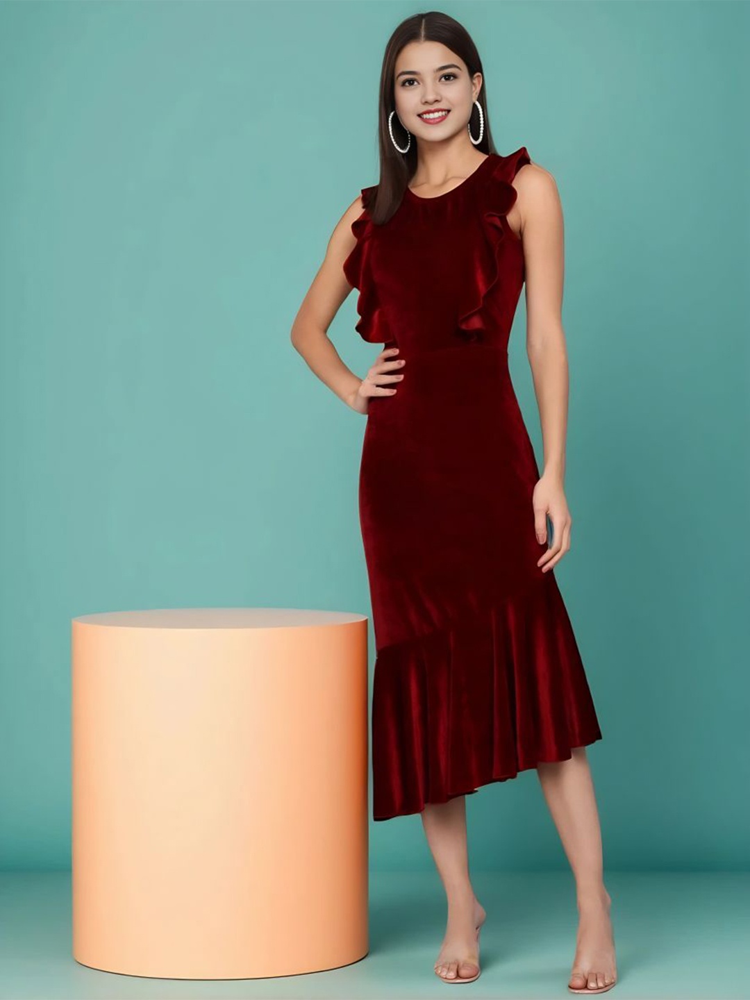 

Moda Rapido Velvet Drop-Waist Midi Dress, Maroon