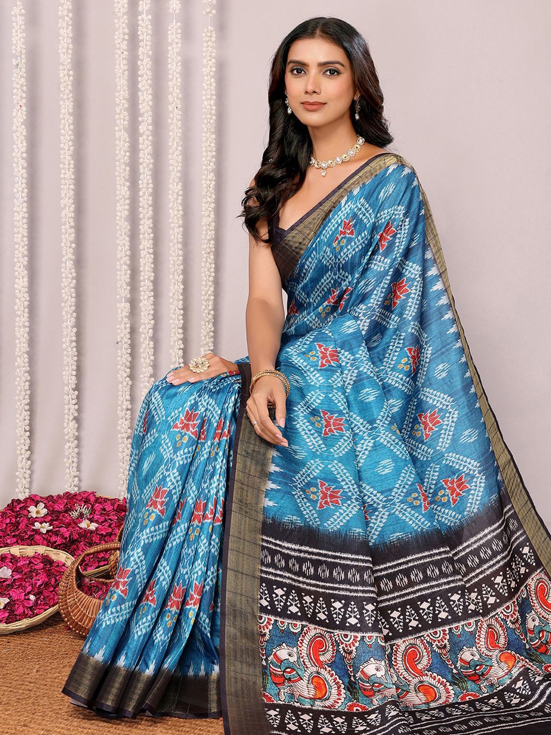 

Janasya Silk Ikkat Printed Chanderi Saree with Unstitched Blouse Piece, Blue