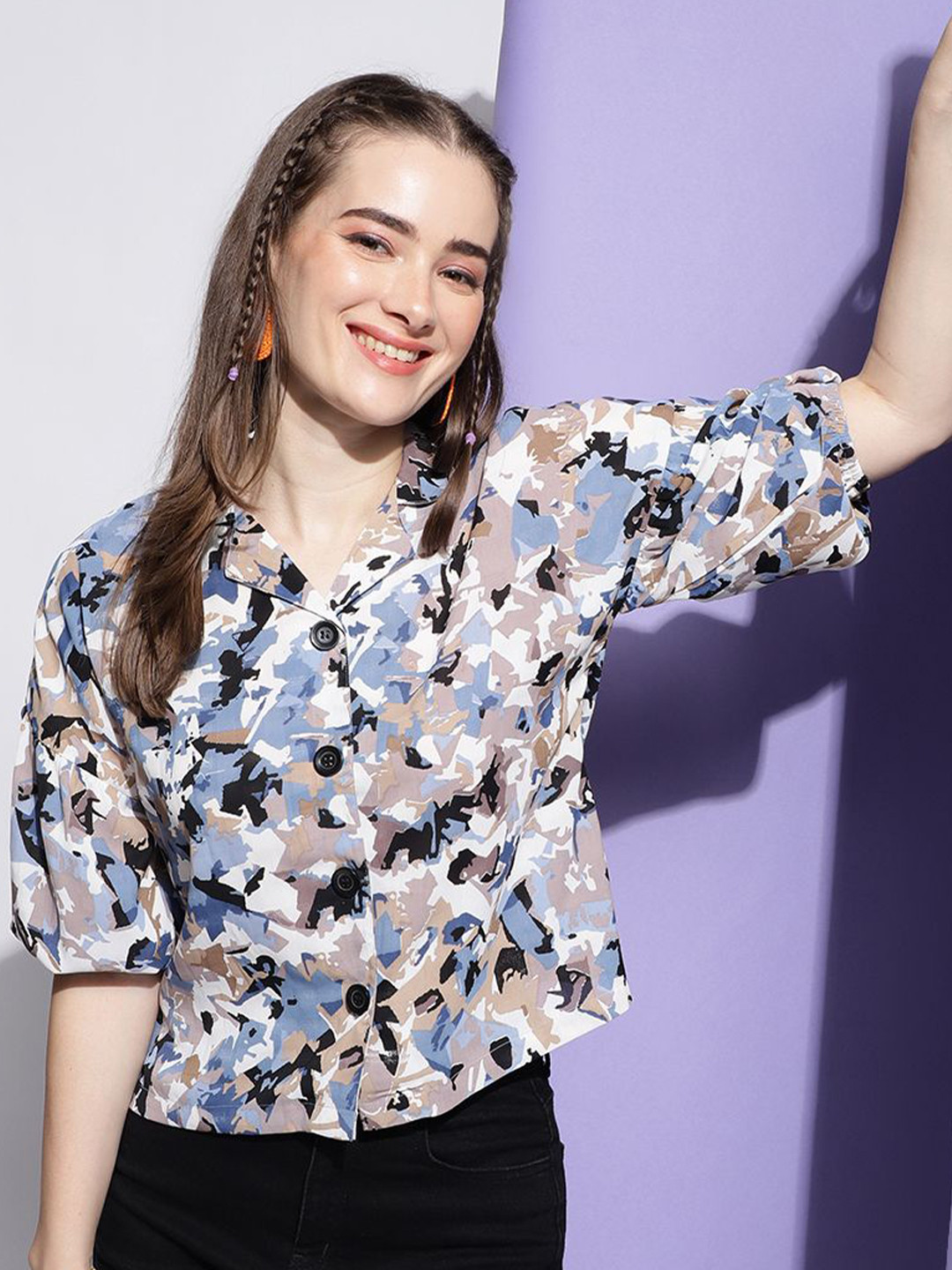 

DressBerry Women Modern Boxy Floral Opaque Party Shirt, Blue