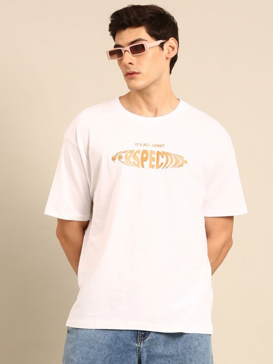 

Mast & Harbour Men Printed Drop-Shoulder Sleeves Bio Finish Raw Edge T-shirt, White