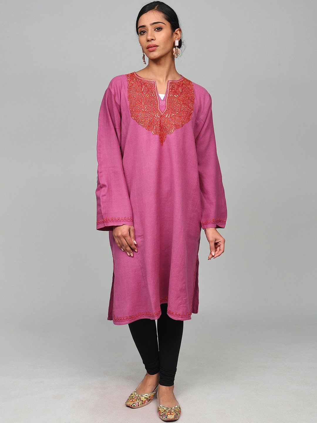 

Exotic India Women Paisley Embroidered Keyhole Neck Flared Sleeves Floral Woollen Kurta, Pink