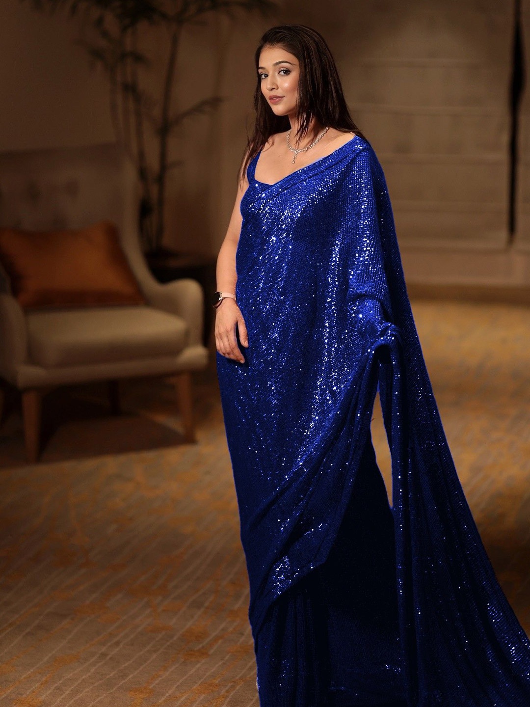 

MADHUR HAND WORK ART Ethnic Motifs Sequinned Poly Georgette Saree, Blue