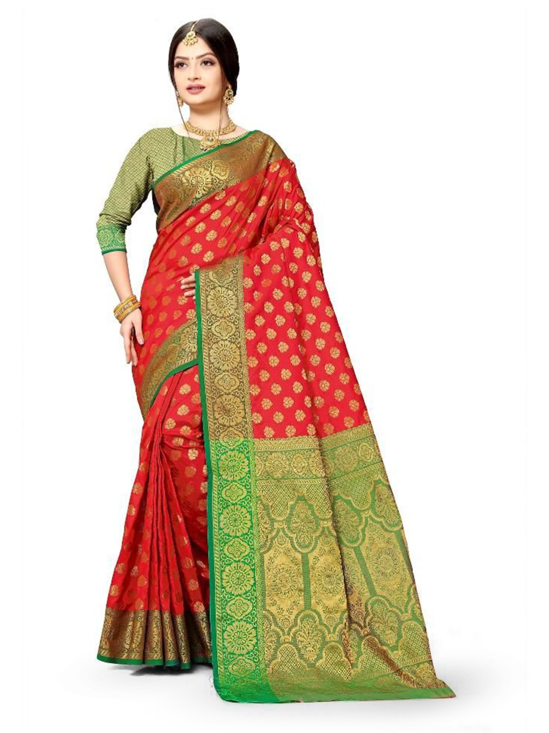 

jayant creation Woven Design Zari Silk Blend Banarasi Saree, Red