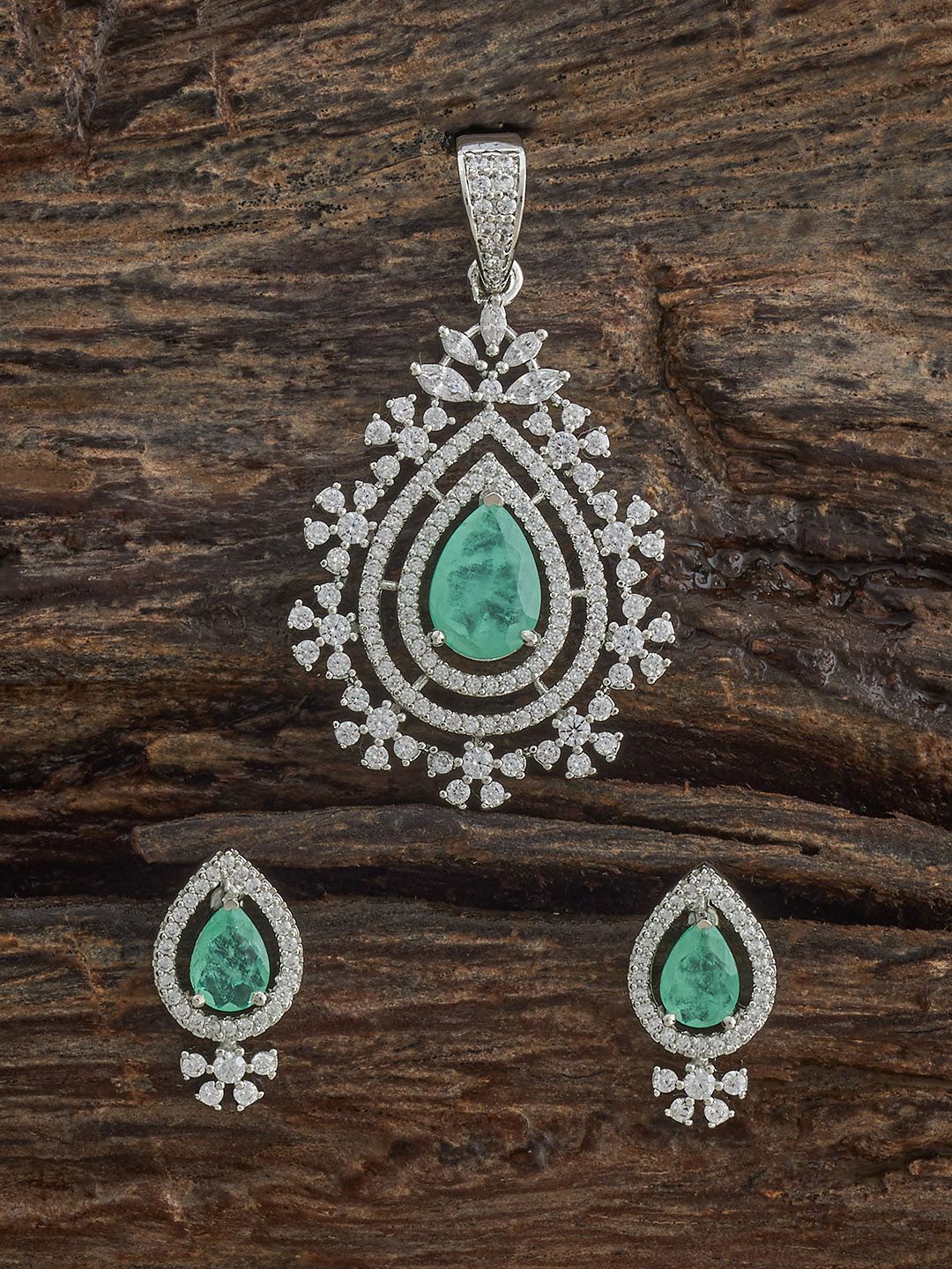 

Kushal's Fashion Jewellery Green Rhodium-Plated Party Zircon Pendant Set, Silver