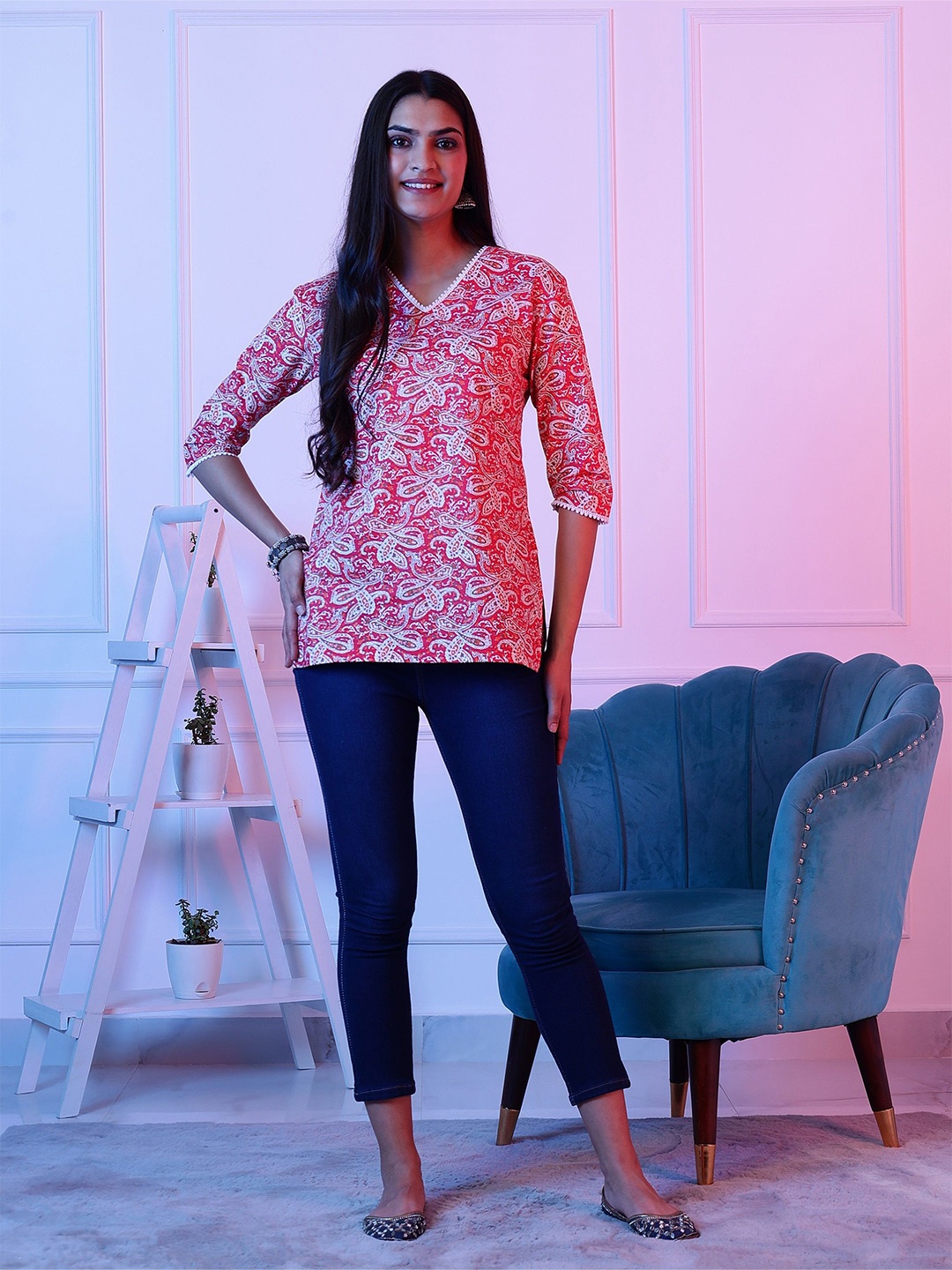 

Dogman Floral Printed V-Neck Pure Cotton Kurti, Pink