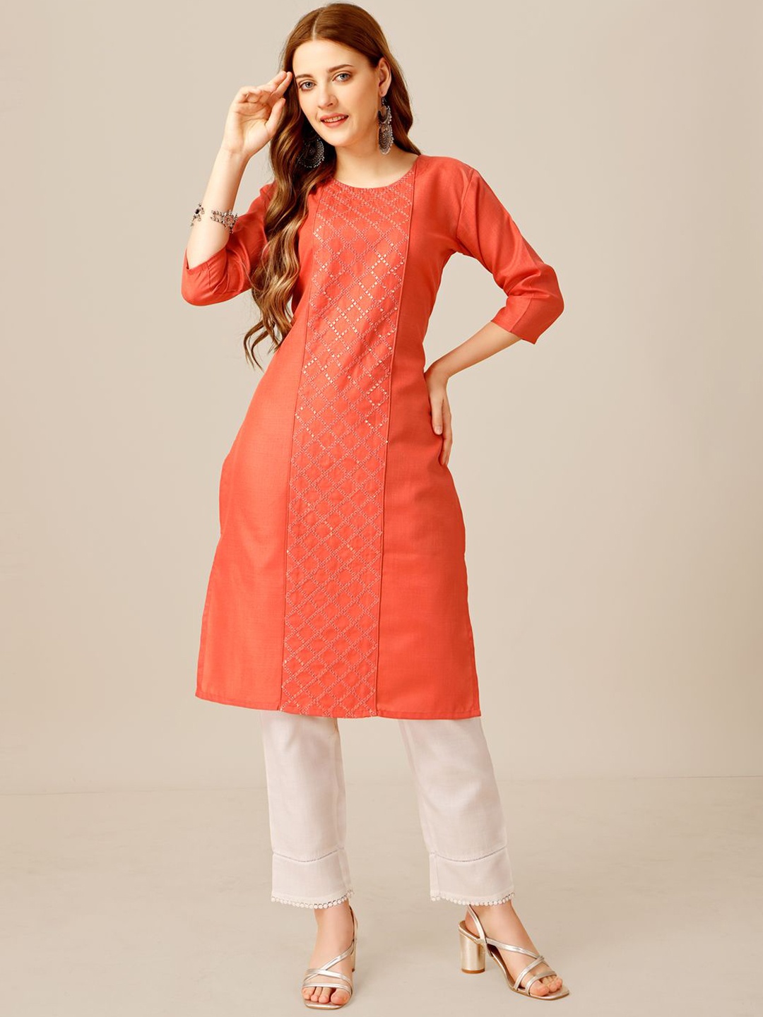 

HERE&NOW Women Embroidered Panelled Kurta with Churidar, Orange