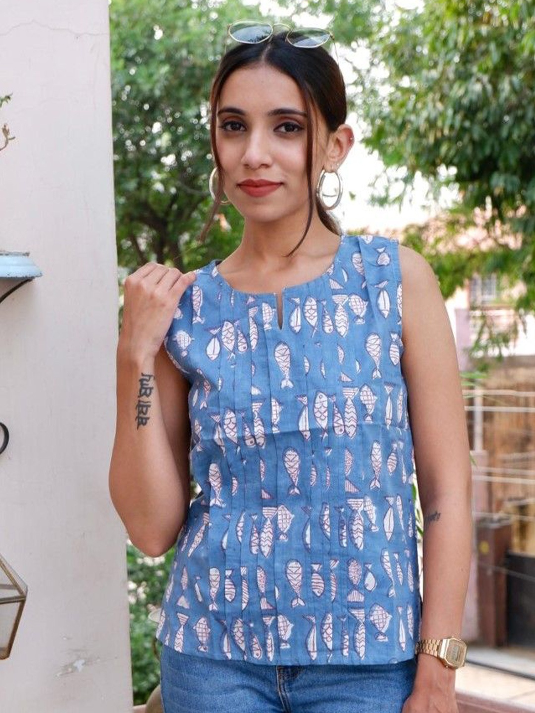 

GOODHAND Floral Print Block Print Cotton Top, Blue