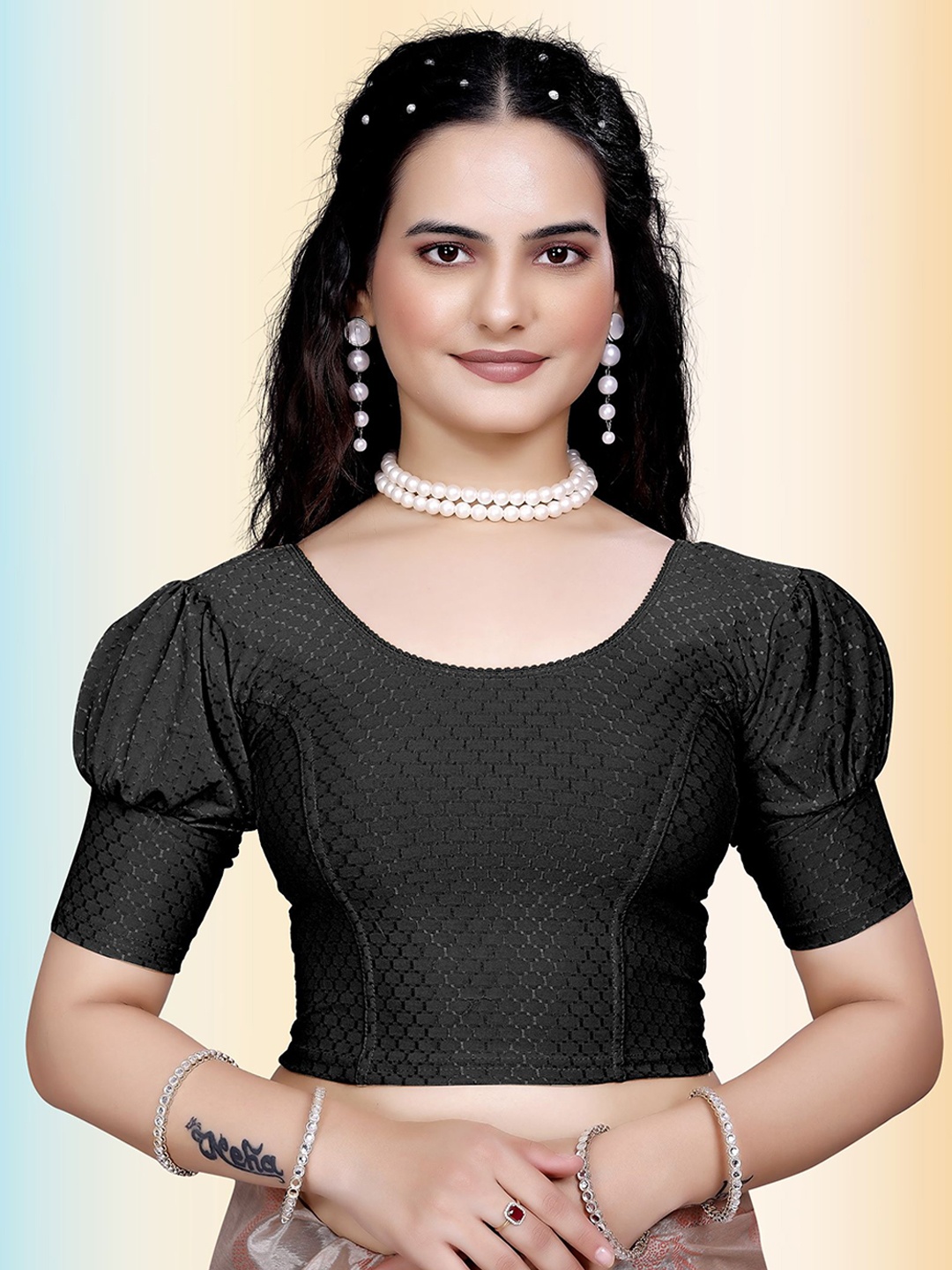 

TANISHM FEB TEX Cotton Round Neck Saree Blouse, Black