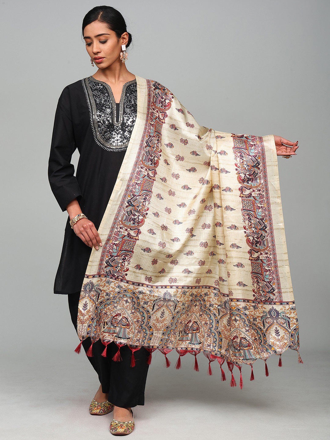 

Exotic India Ethnic Motifs Printed Art Silk Dupatta, Brown