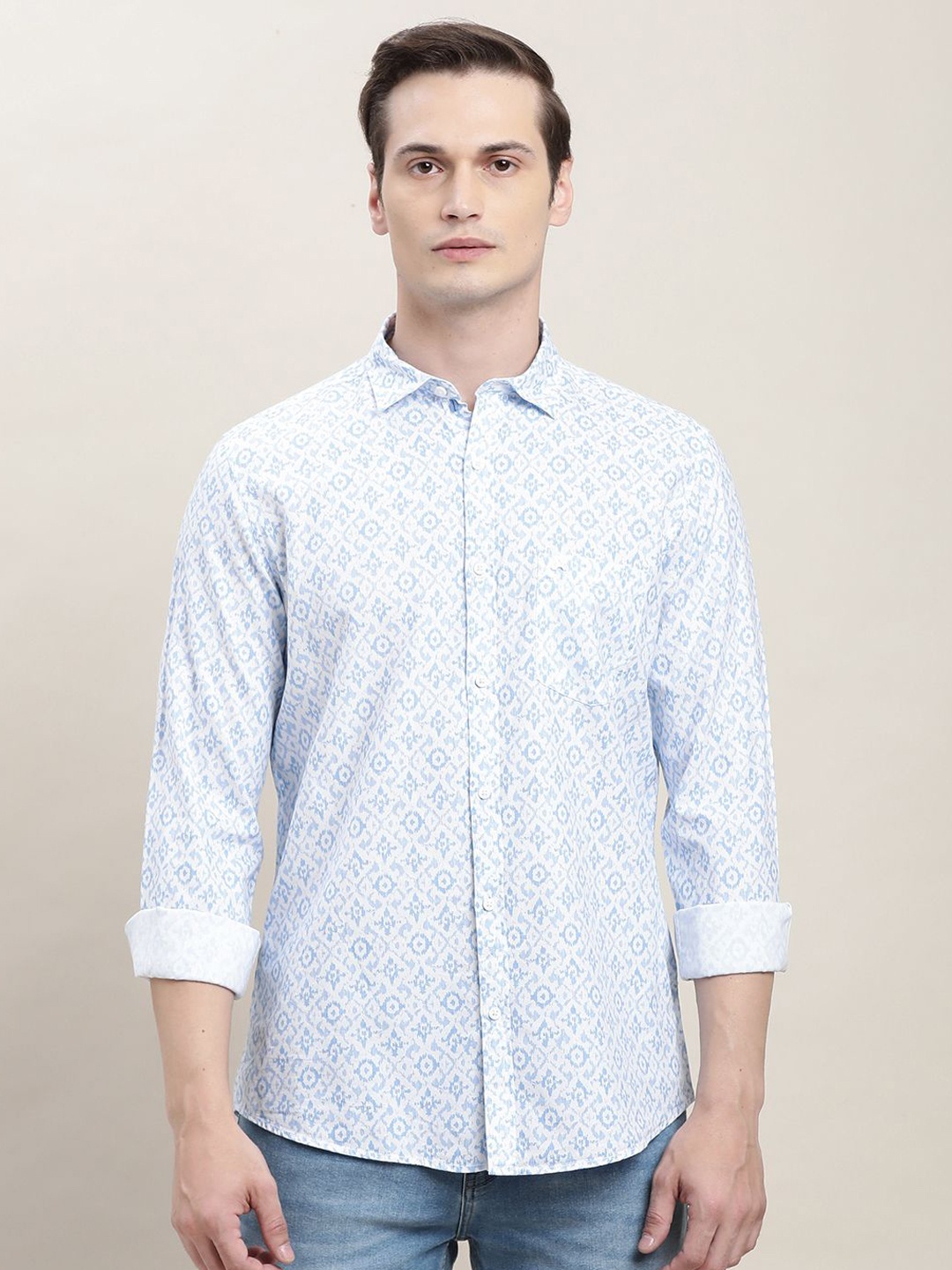 

Turtle Men Relaxed Slim Fit Spread Collar Floral Printed Cotton Casual Shirt, Blue