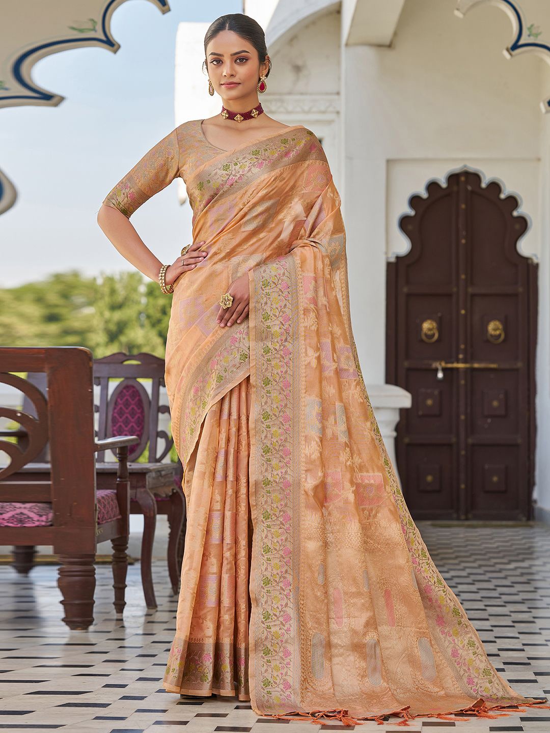 

all about you Woven Design Zari Pure Silk Saree, Peach