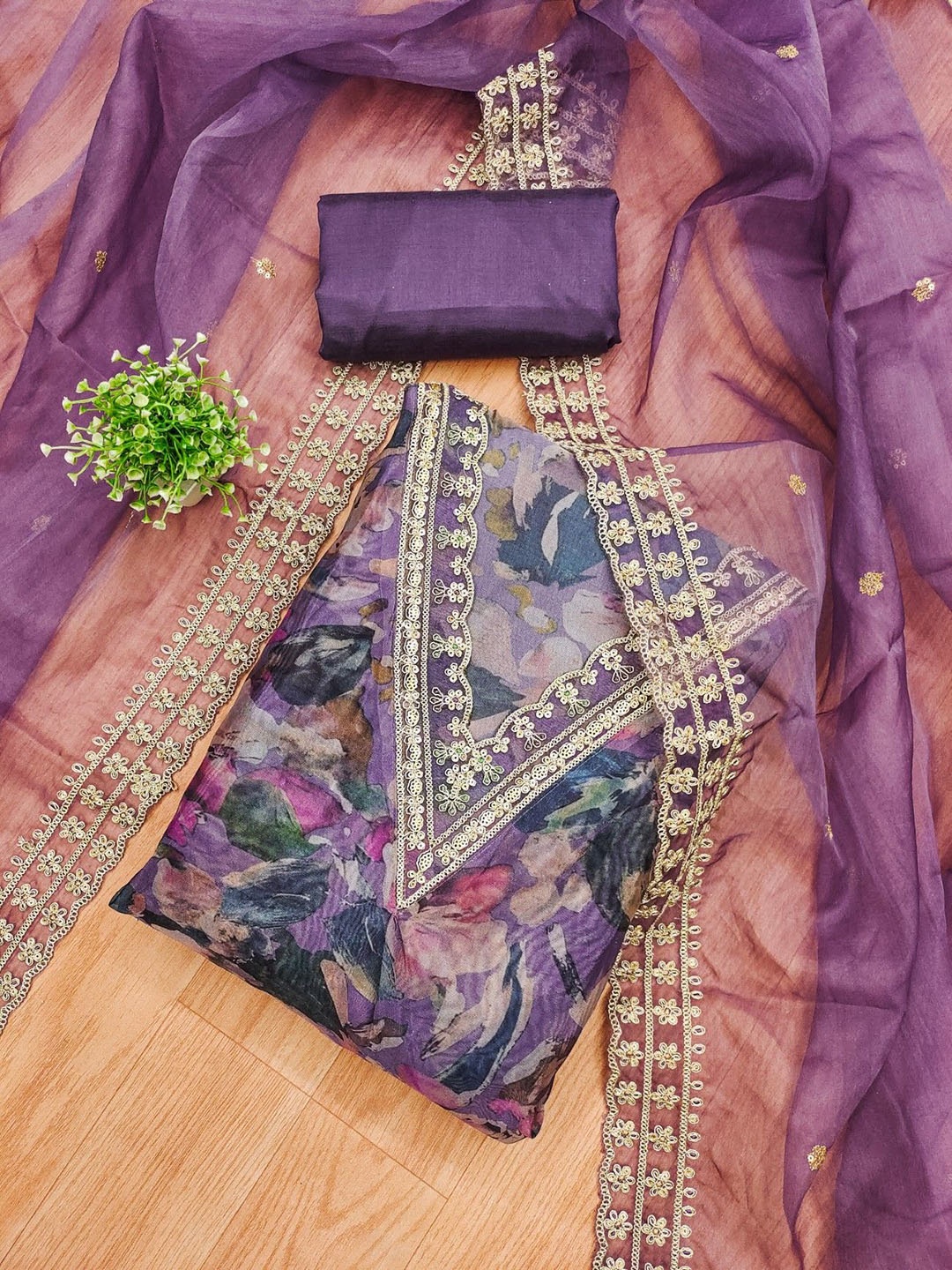 

Panzora Floral Embroidered Organza Unstitched Dress Material, Purple