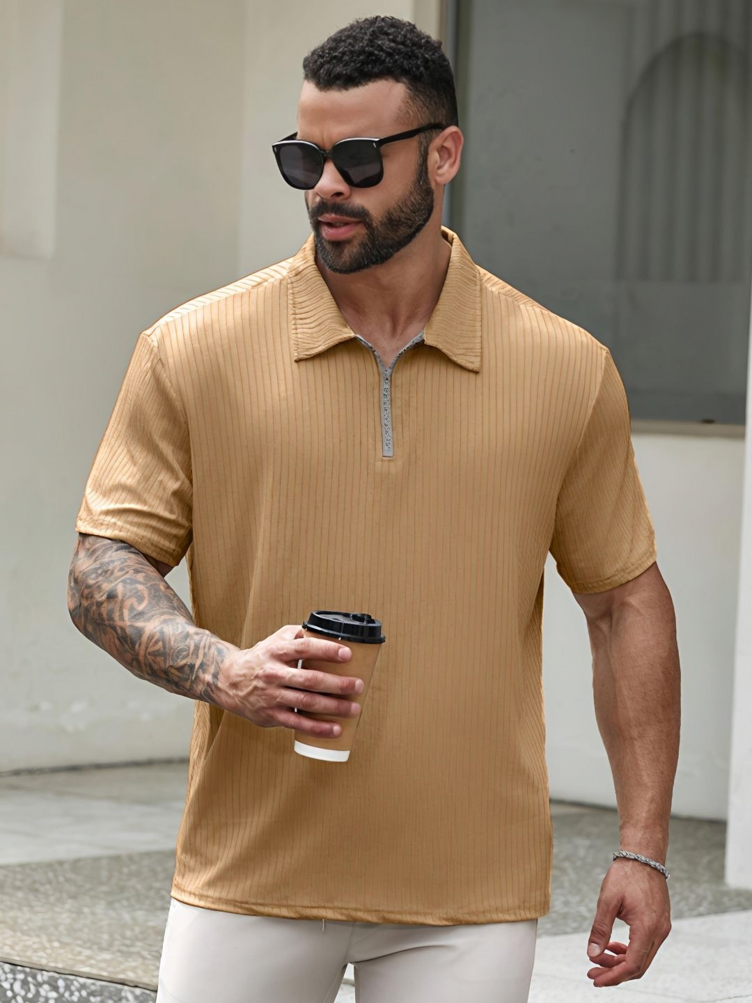 

madfrog Men Polo Collar Pockets T-shirt, Beige