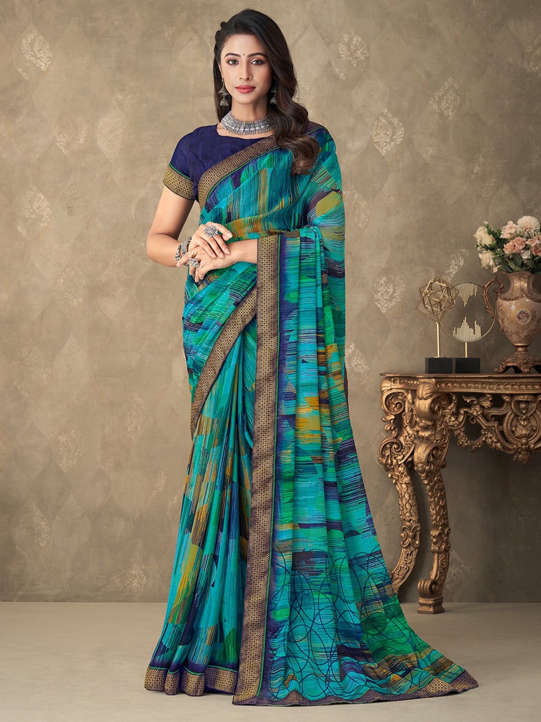 

LeeliPeeri Designer Ethnic Motifs Poly Chiffon Saree, Blue