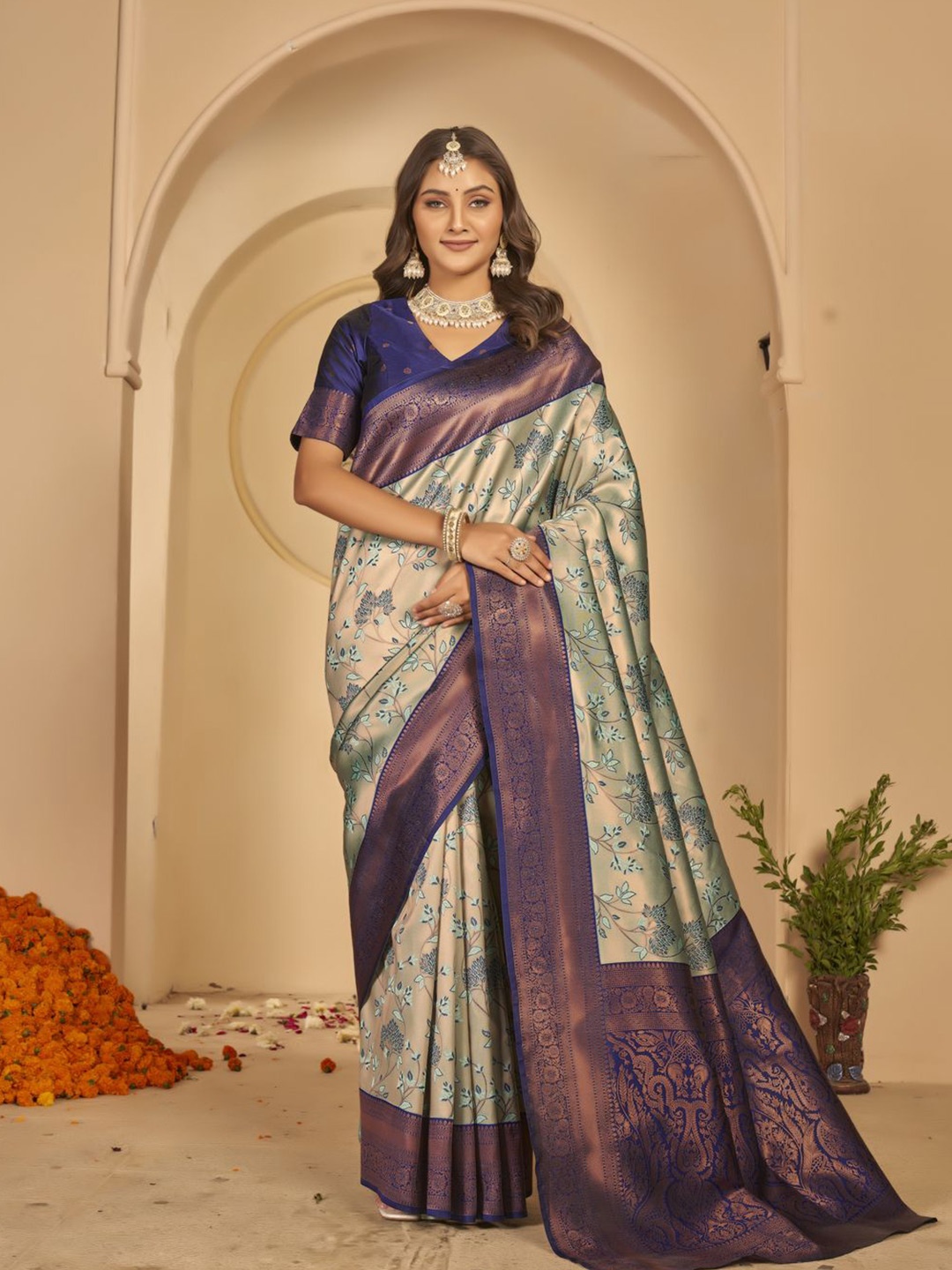 

KALINI Ethnic Motifs Zari Saree With Blouse Piece, Blue