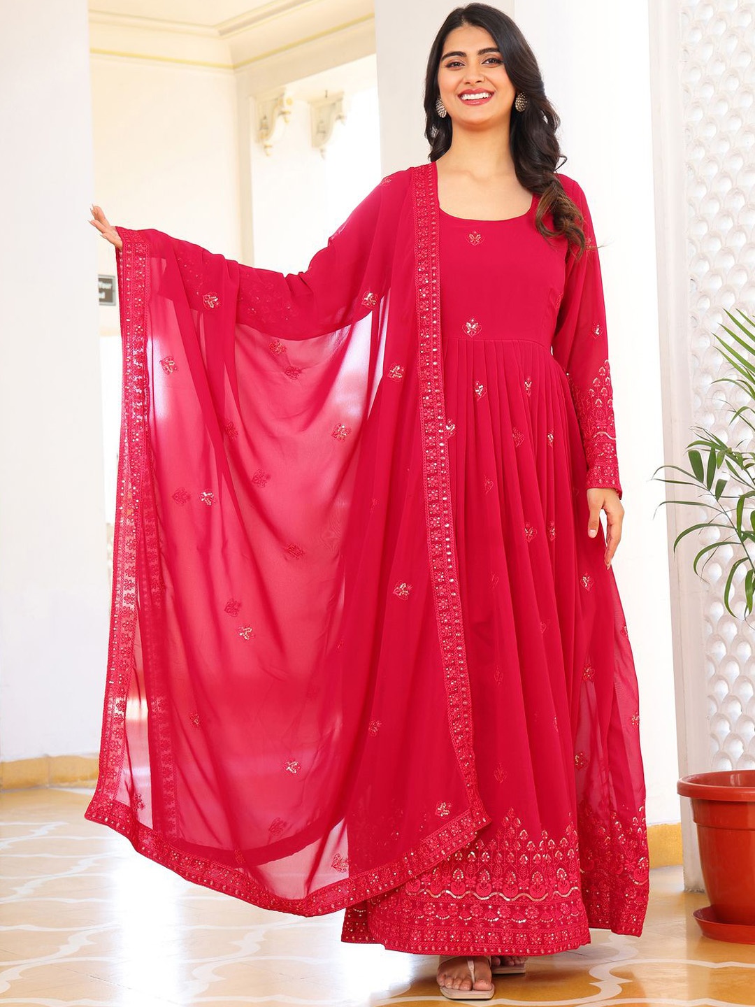 

Fashion Basket Women Ethnic Motifs Embroidered Regular Sequinned Kurta with Trousers & With Dupatta, Pink
