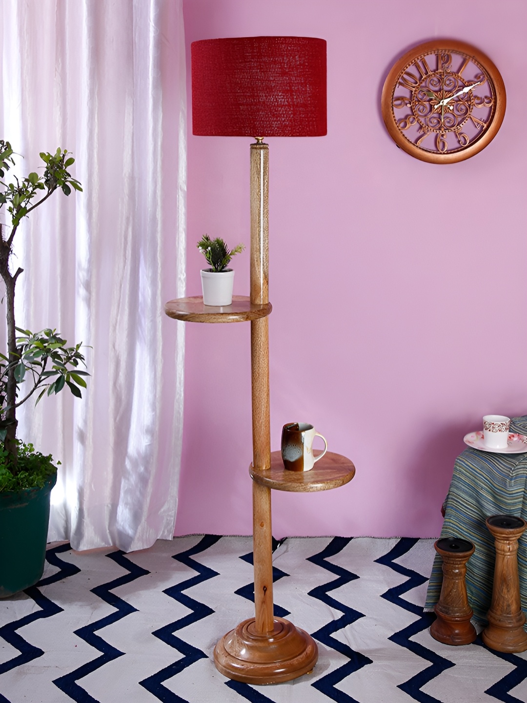 

Devansh Maroon & Brown Cylinder Shaped Wooden Floor Lamp With Shelves