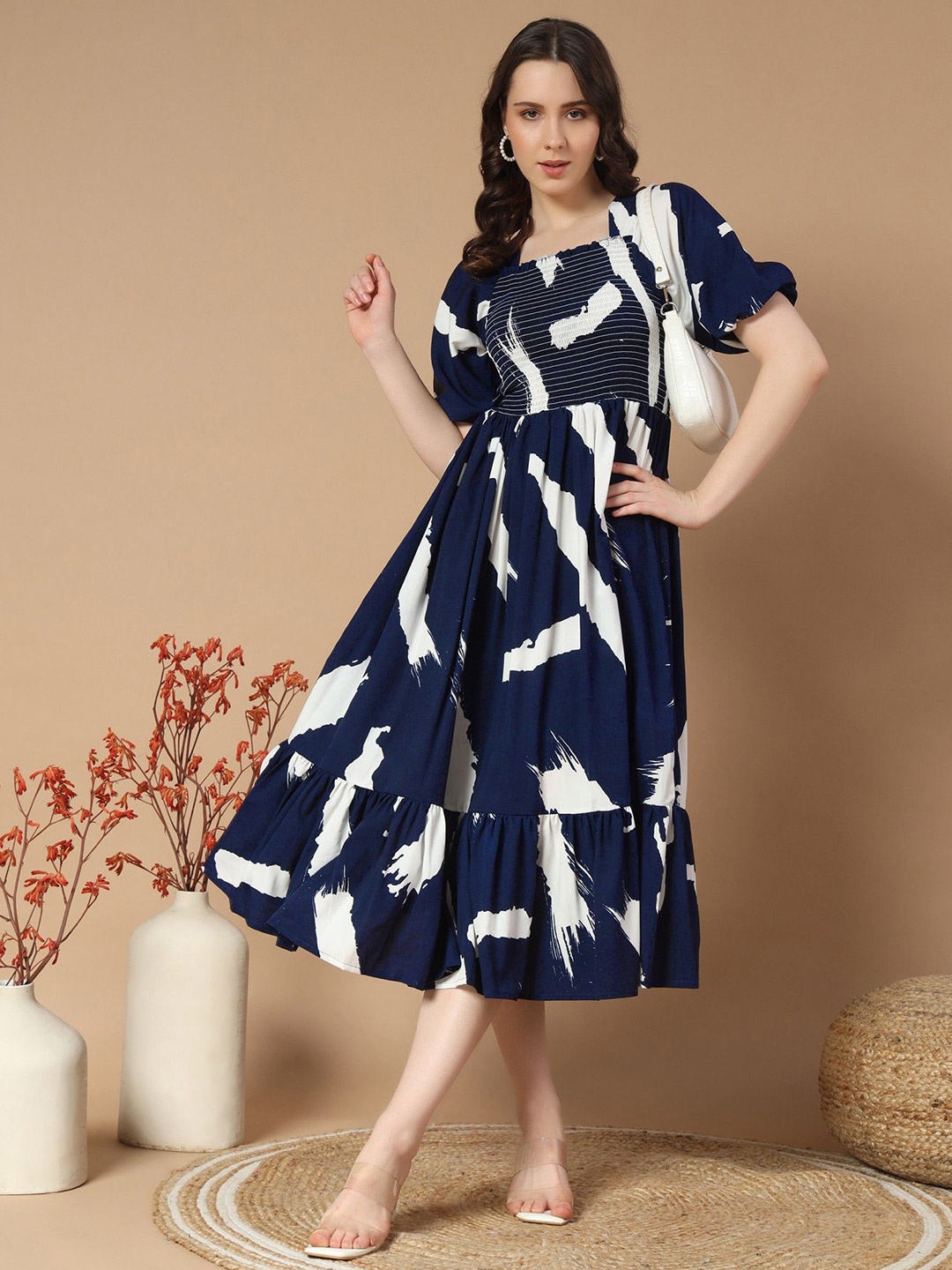 

Jash Creation Print Puff Sleeve Crepe Fit & Flare Dress, Navy blue