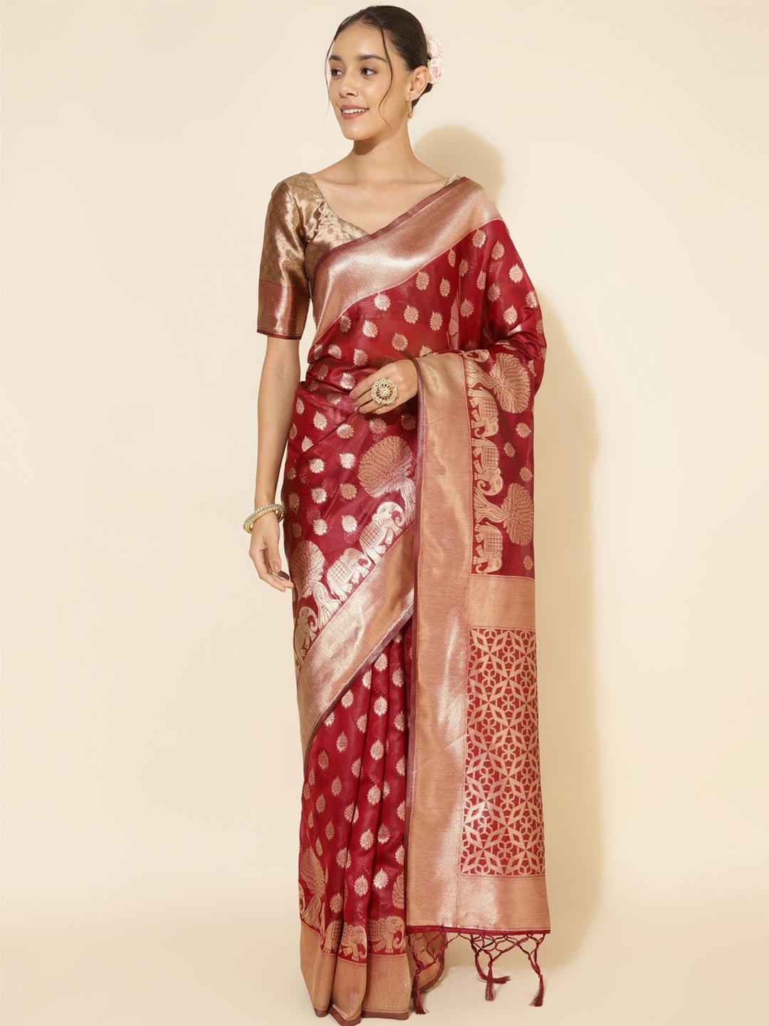 

Janasya Organza Woven Ethnic Motifs Saree with Unstitched Blouse Piece, Maroon