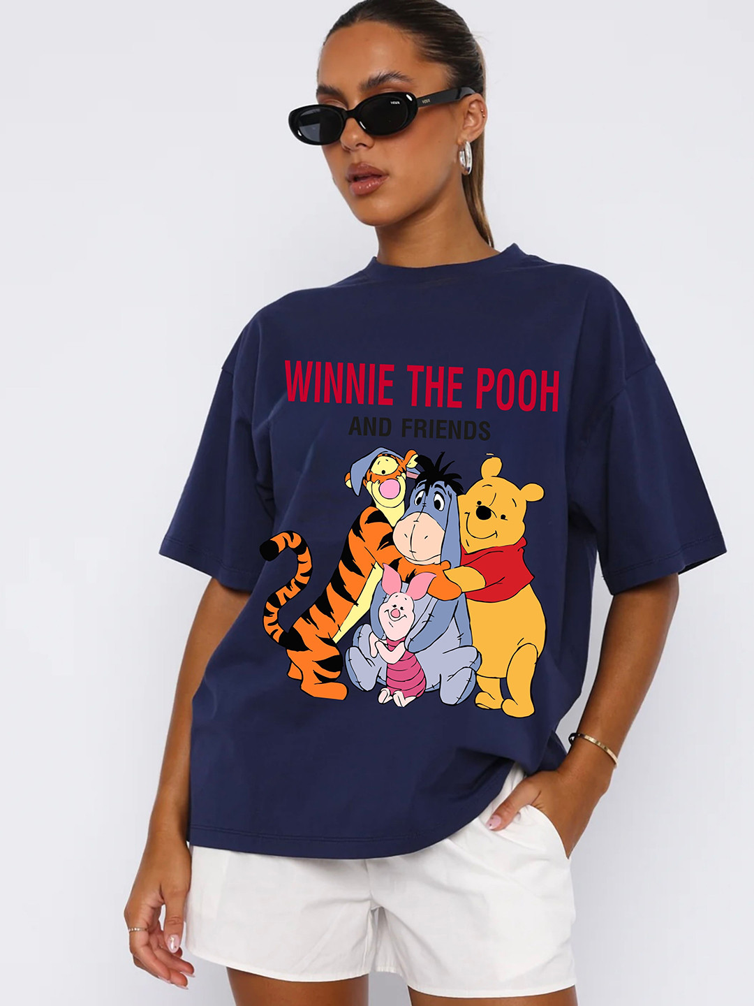 

RAYACLOSET Women Printed Drop-Shoulder Sleeves T-shirt, Navy blue