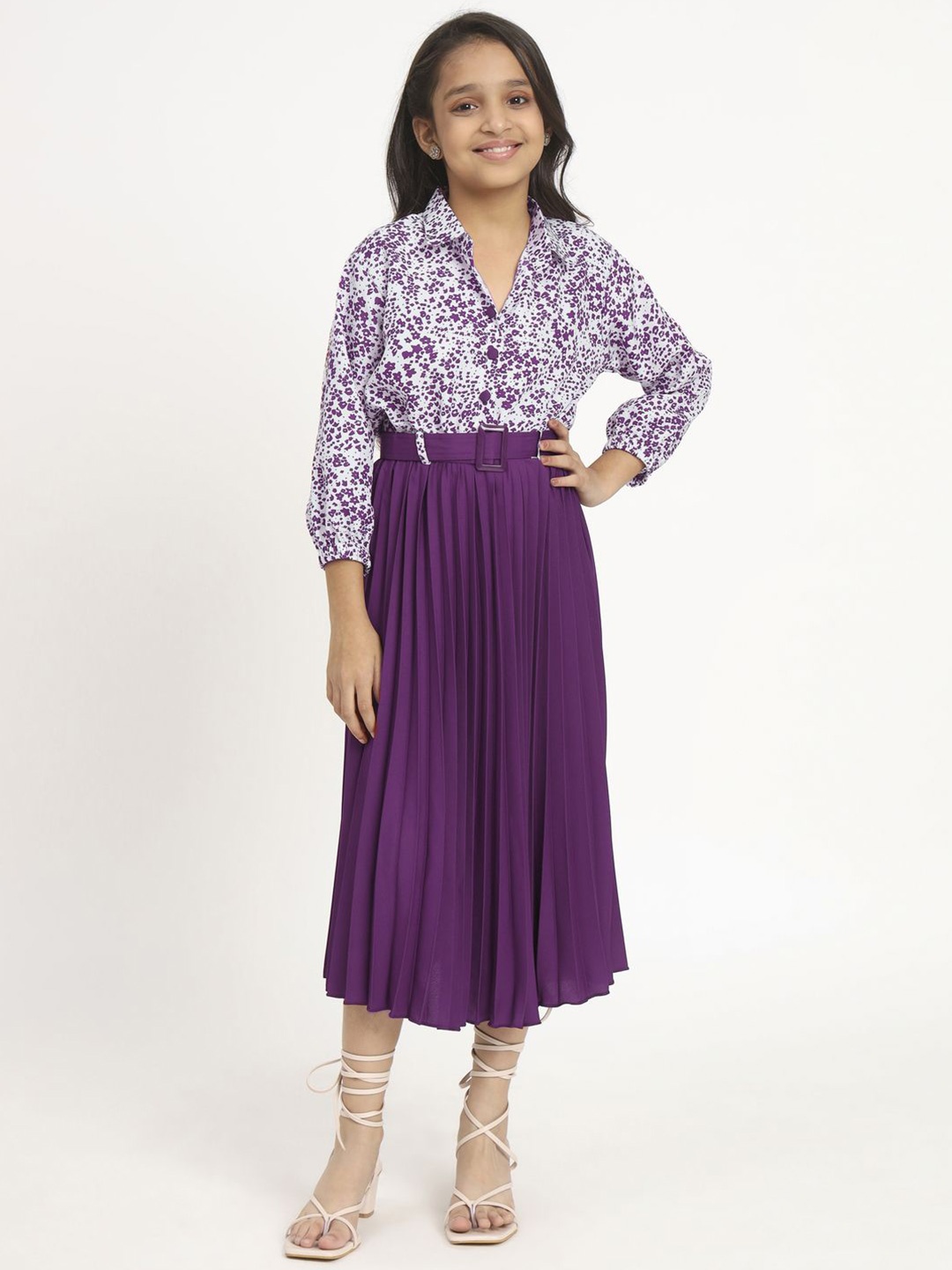 

OTABU Print Puff Sleeve Applique A-Line Midi Dress, Purple