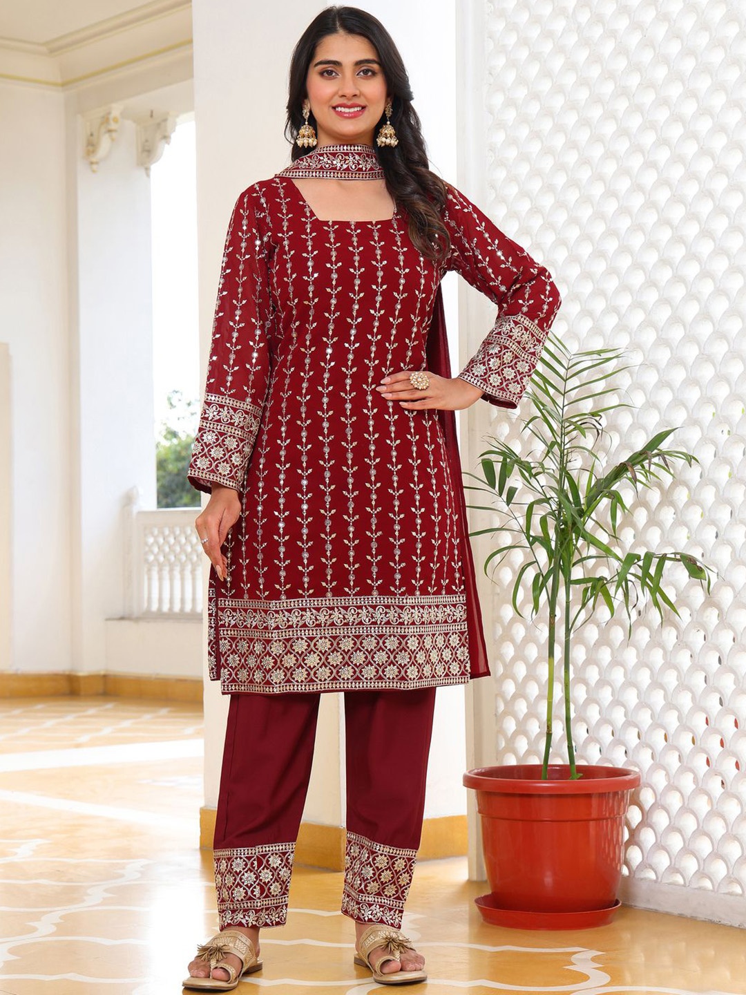 

Fashion Basket Women Ethnic Motifs Embroidered Regular Kurta with Pyjamas & With Dupatta, Maroon