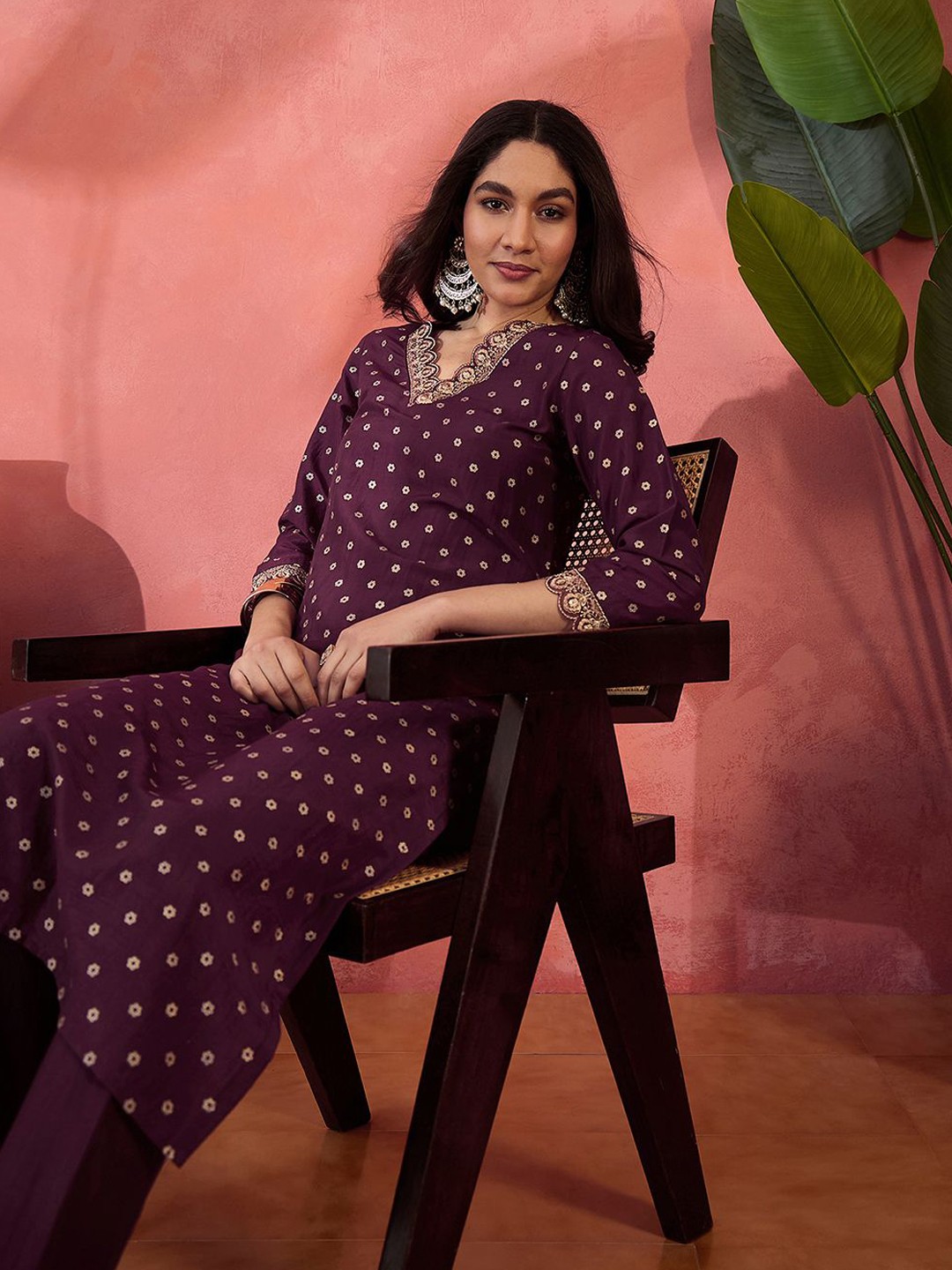 

Sangria Foil Printed With Zari Sequence Embroidered A-Line Kurta & Trousers, Brown