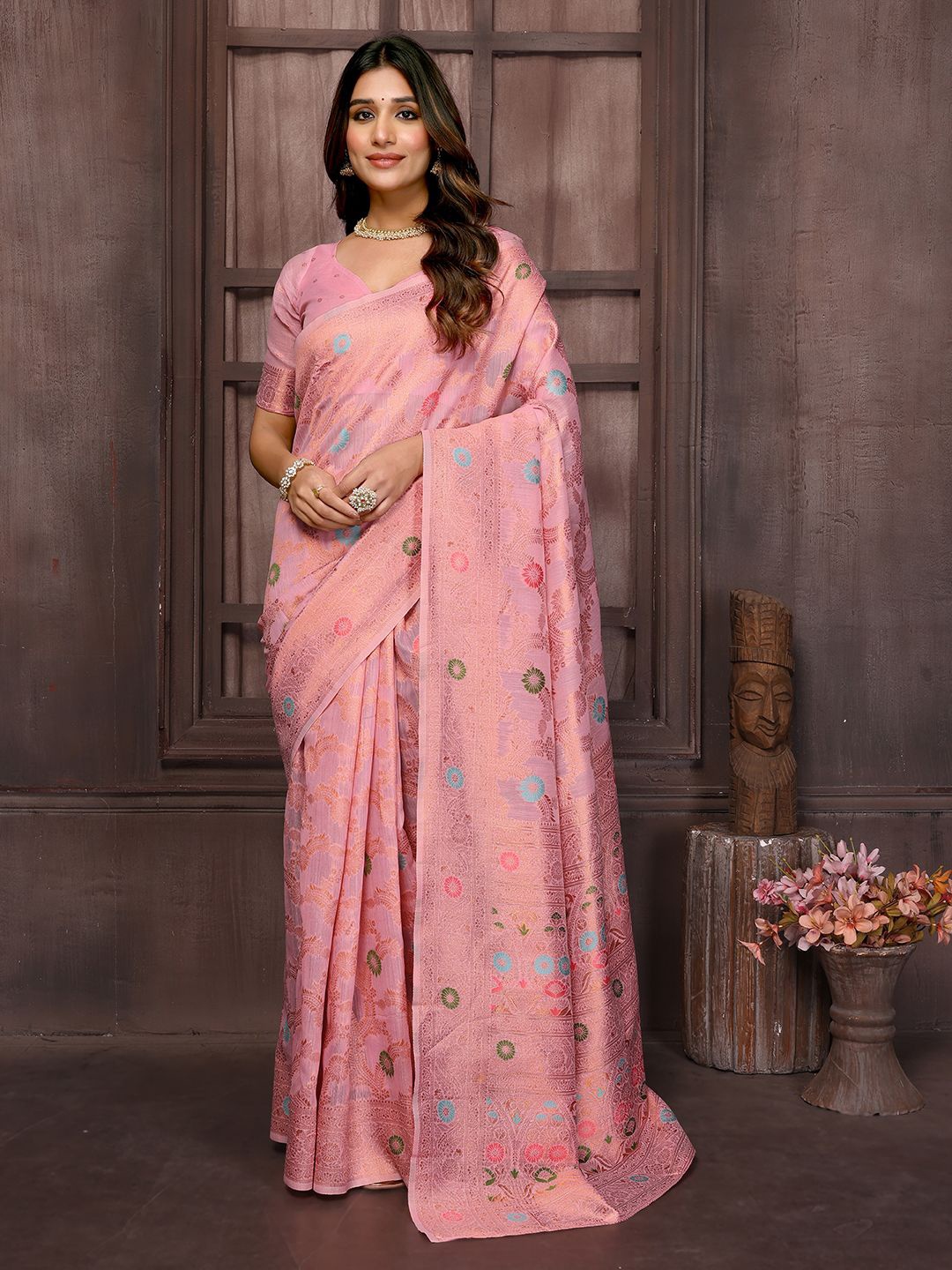 

Janasya Women Linen Blend Floral Woven Design Woven Saree With Unstitched Blouse Piece, Pink