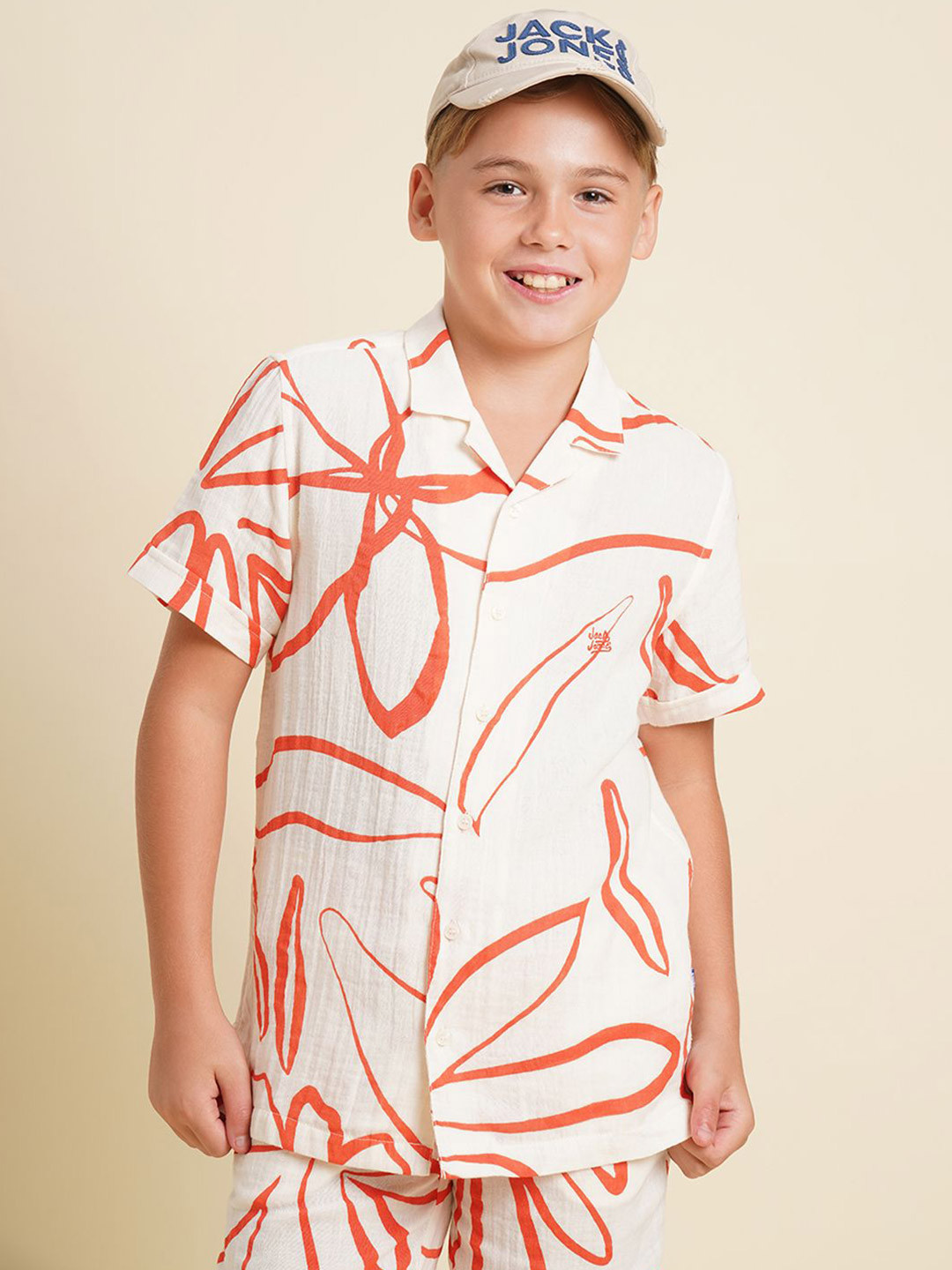 

Jack & Jones Junior Boys Cuban Collar Abstract Printed Cotton Casual Shirt, White